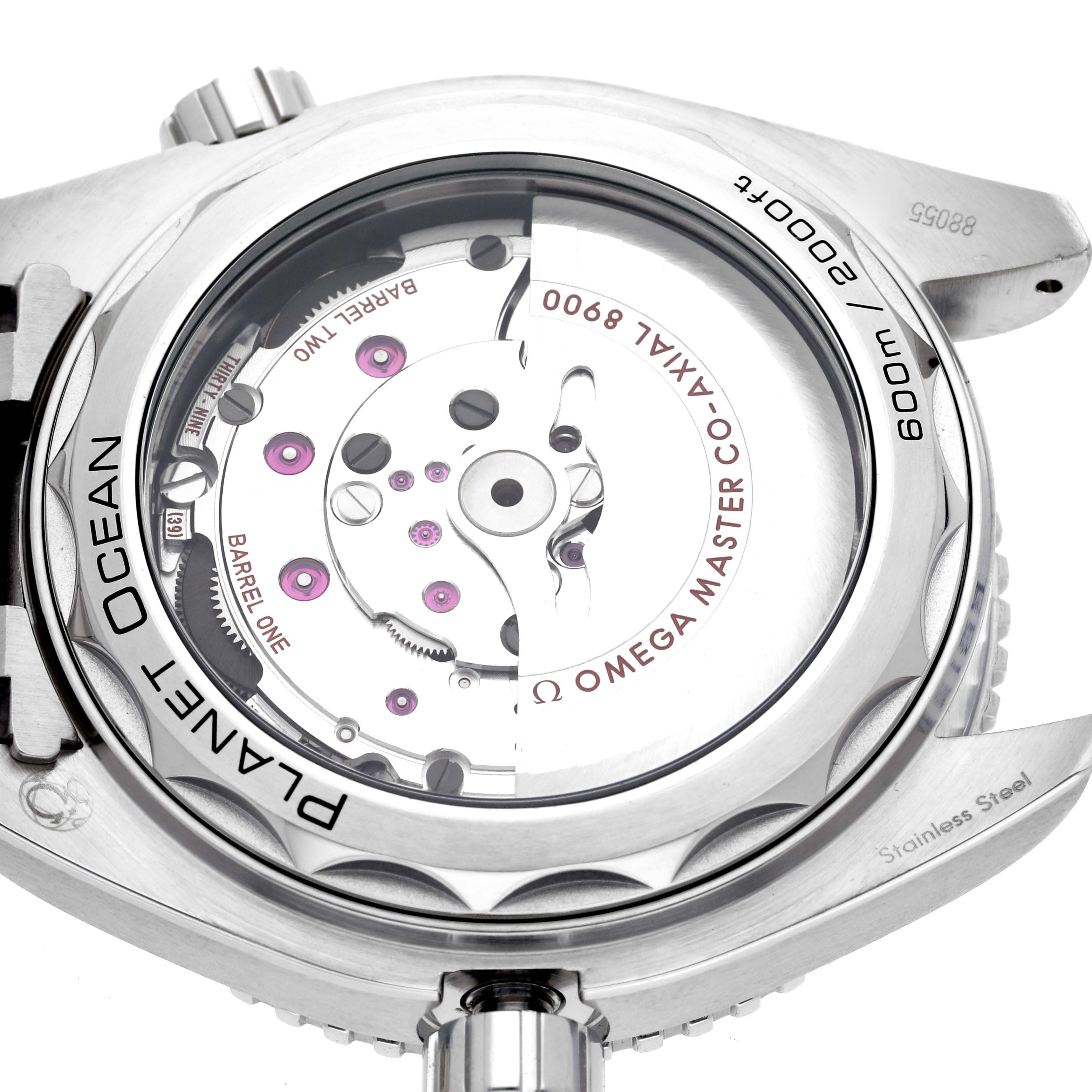 The Omega Planet Ocean 215.30.44.21.03.001 Men's Stainless Steel Blue Dial 215.30.44.21.03.001 Men's Stainless Steel Blue Dial is shown from the back, highlighting the exposed movement with intricate gears and markings.