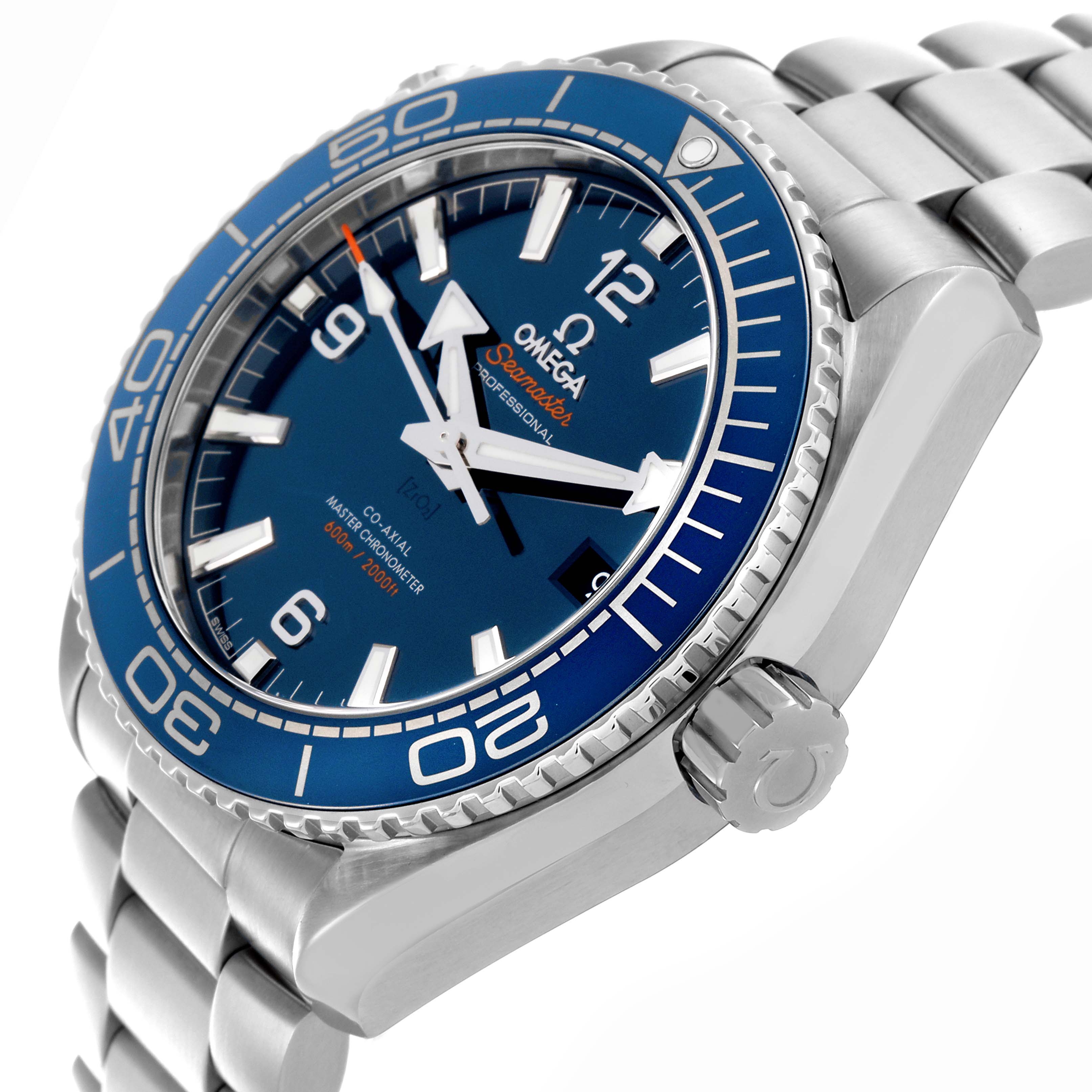 The Omega Planet Ocean 215.30.44.21.03.001 Men's Stainless Steel Blue Dial 215.30.44.21.03.001 Men's Stainless Steel Blue Dial watch is shown from an angled side view, highlighting the blue dial, bezel, crown, and stainless steel bracelet.