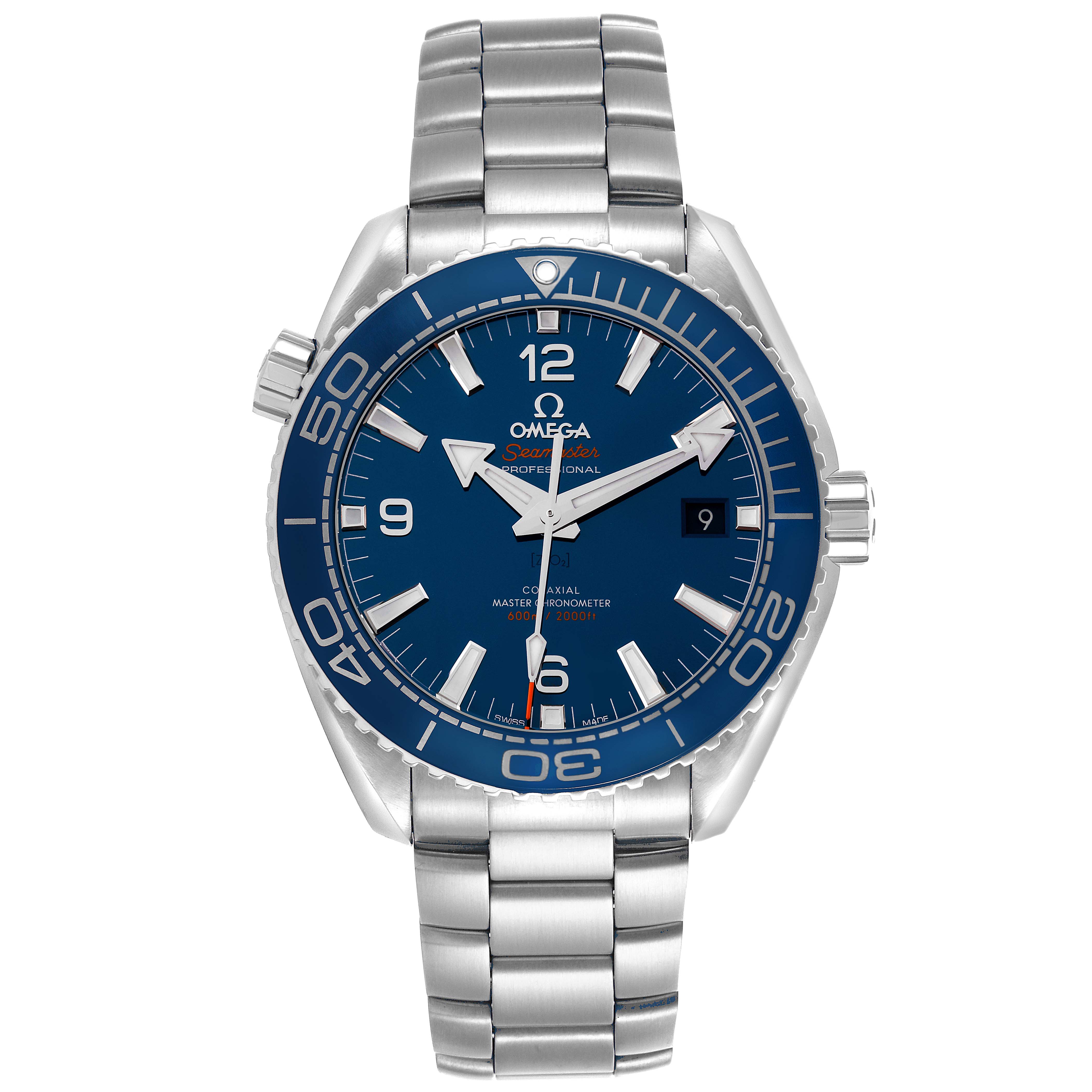 The Omega Planet Ocean 215.30.44.21.03.001 Men's Stainless Steel Blue Dial 215.30.44.21.03.001 Men's Stainless Steel Blue Dial watch is shown from the front, highlighting the face, bezel, and stainless steel bracelet.