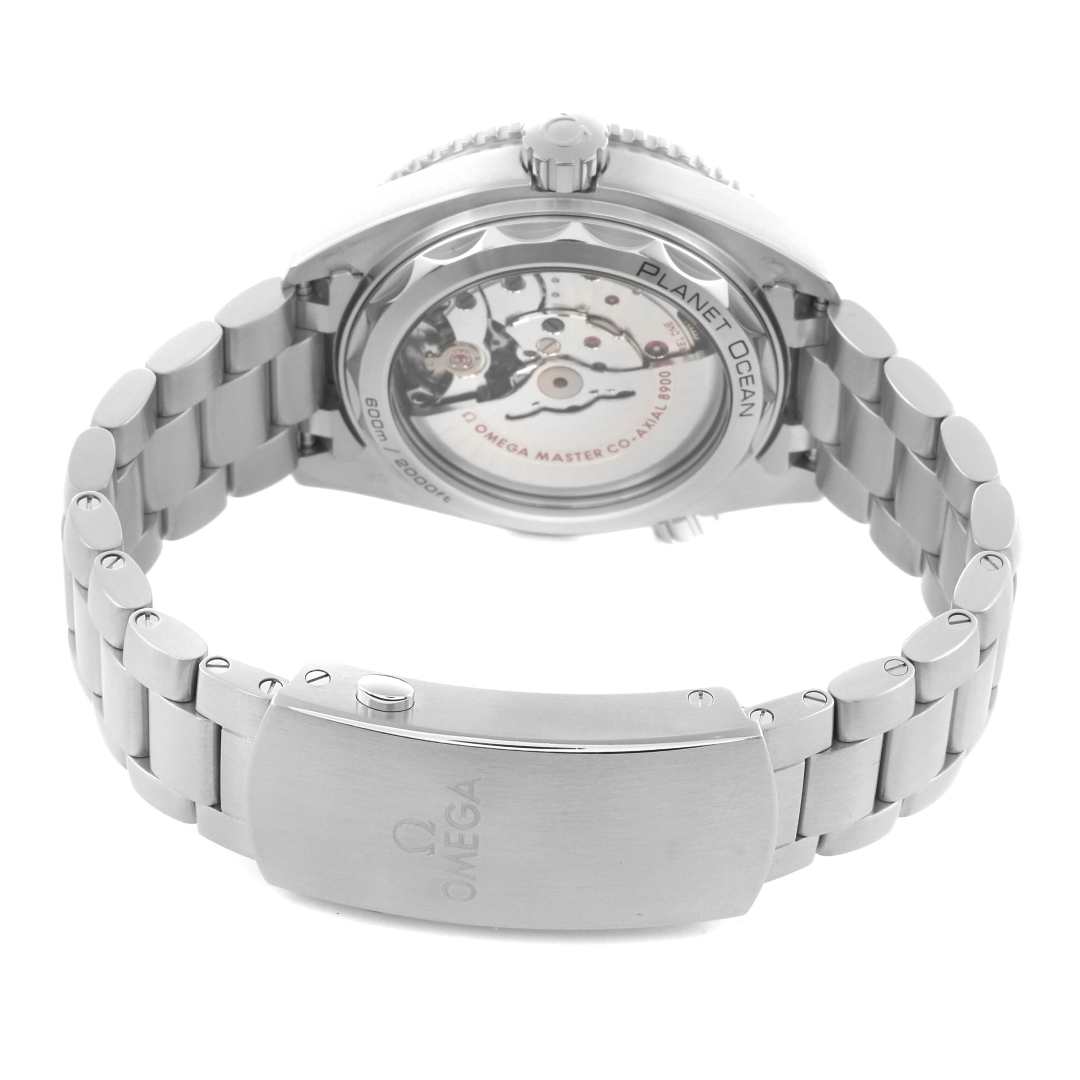 The Omega Planet Ocean 215.30.44.21.03.001 Men's Stainless Steel Blue Dial 215.30.44.21.03.001 Men's Stainless Steel Blue Dial watch is shown from the back, highlighting its exhibition case back and metal bracelet.