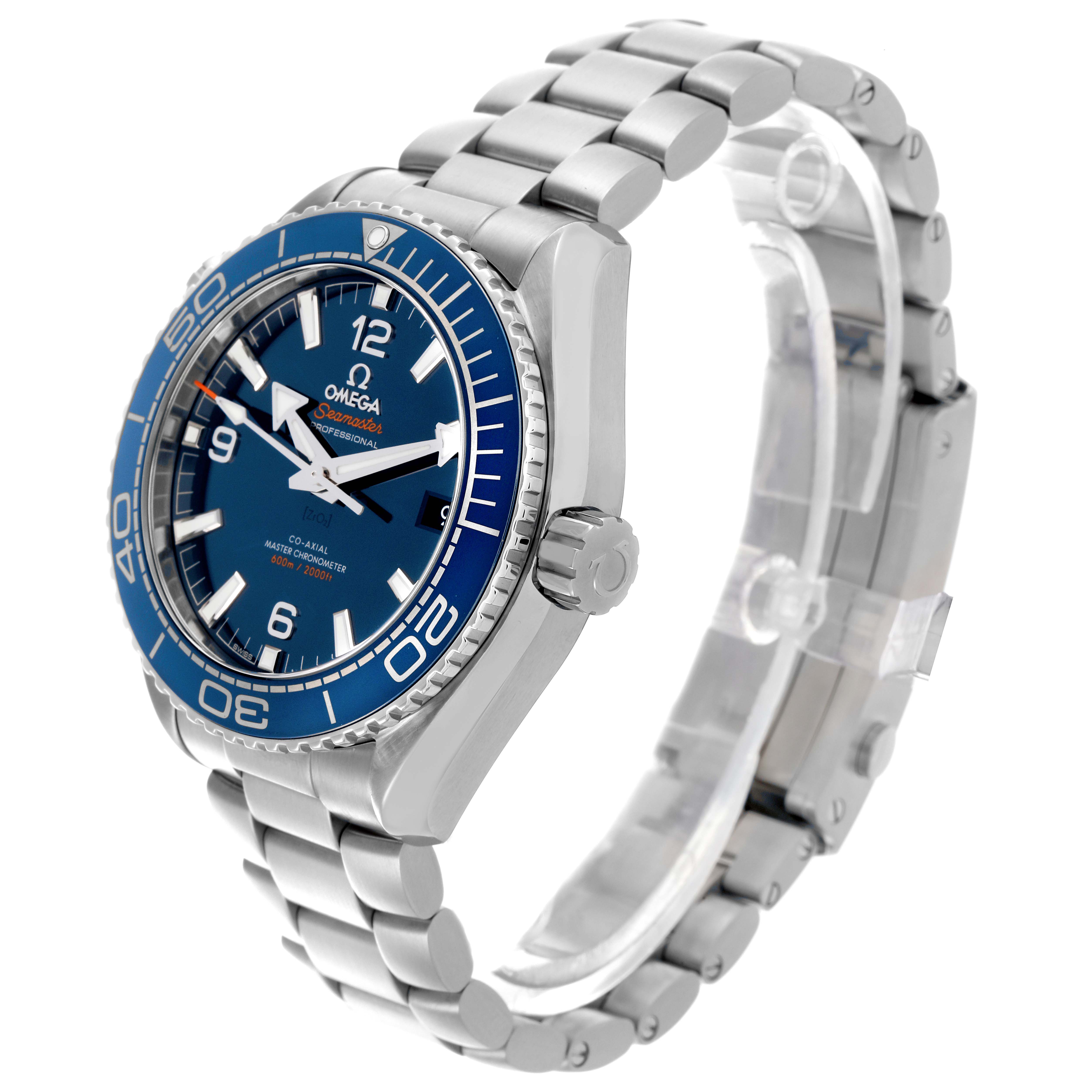 The Omega Planet Ocean 215.30.44.21.03.001 Men's Stainless Steel Blue Dial 215.30.44.21.03.001 Men's Stainless Steel Blue Dial watch is shown at an angle displaying the face, bezel, crown, and stainless steel bracelet.