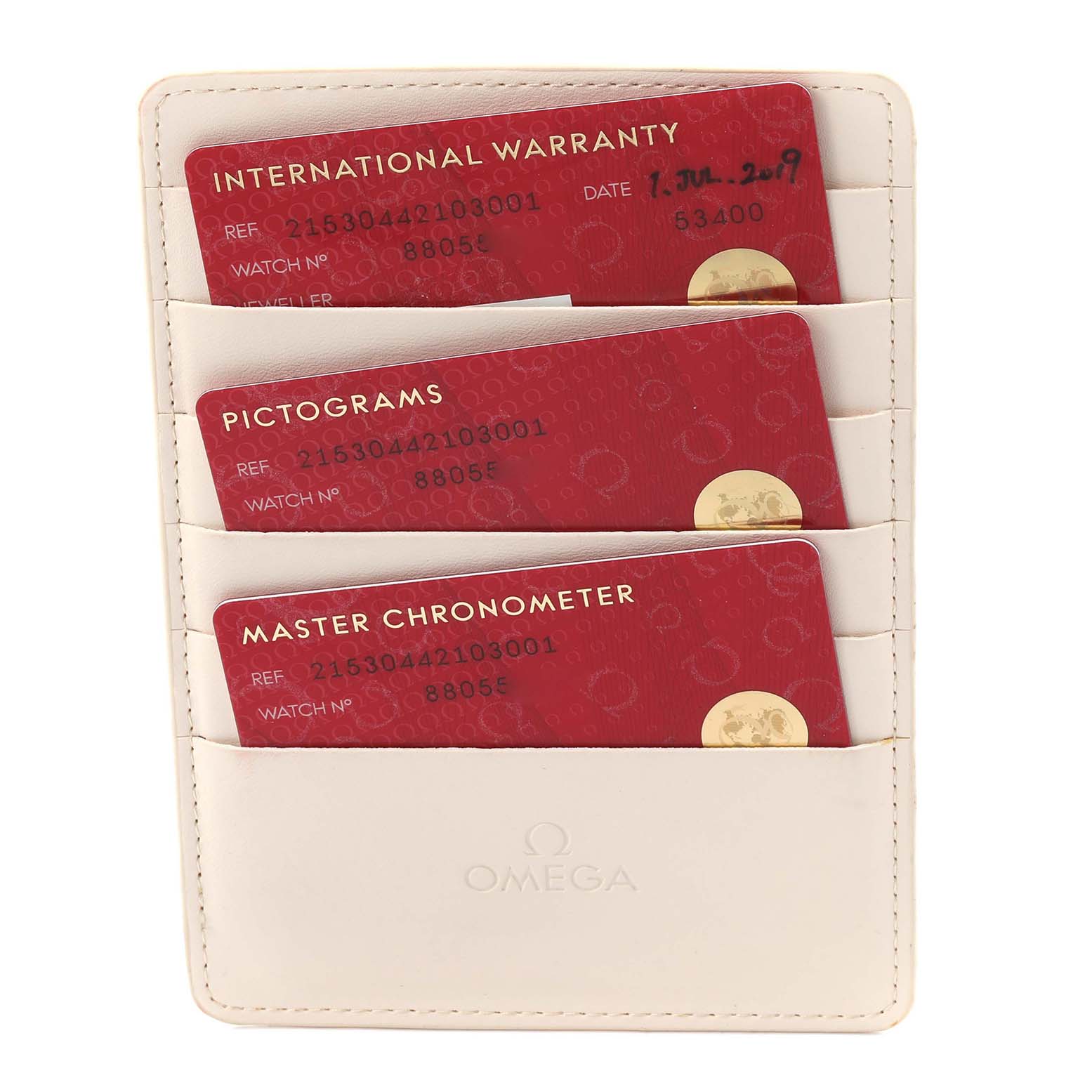 The image shows warranty and certification cards for the Omega Planet Ocean 215.30.44.21.03.001 Men's Stainless Steel Blue Dial 215.30.44.21.03.001 Men's Stainless Steel Blue Dial model in a white cardholder.