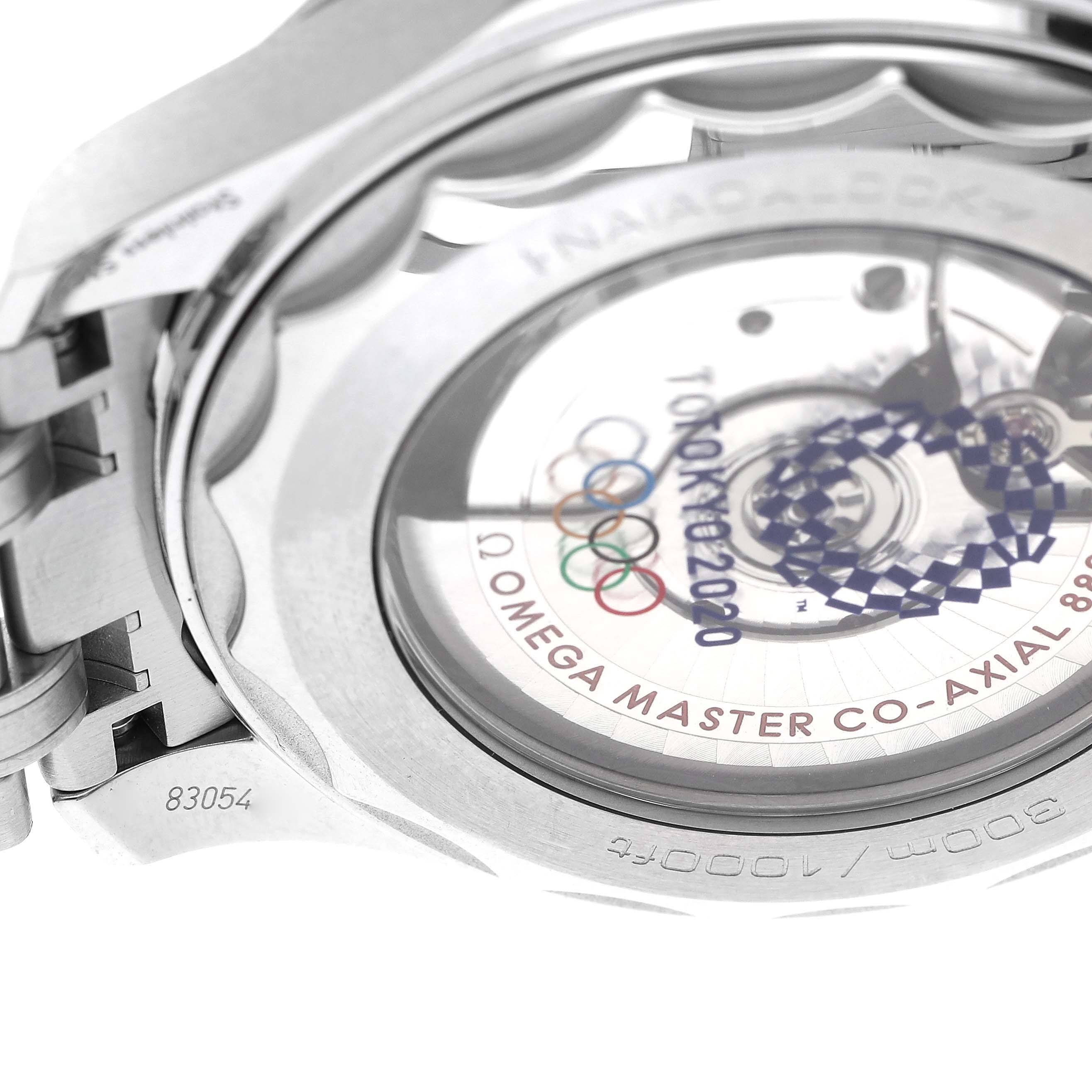 The image shows the back view of an Omega Seamaster 522.30.42.20.04.001 Men's Stainless Steel White Dial 522.30.42.20.04.001 Men's Stainless Steel White Dial, highlighting the transparent case back and the watch's internal mechanism.