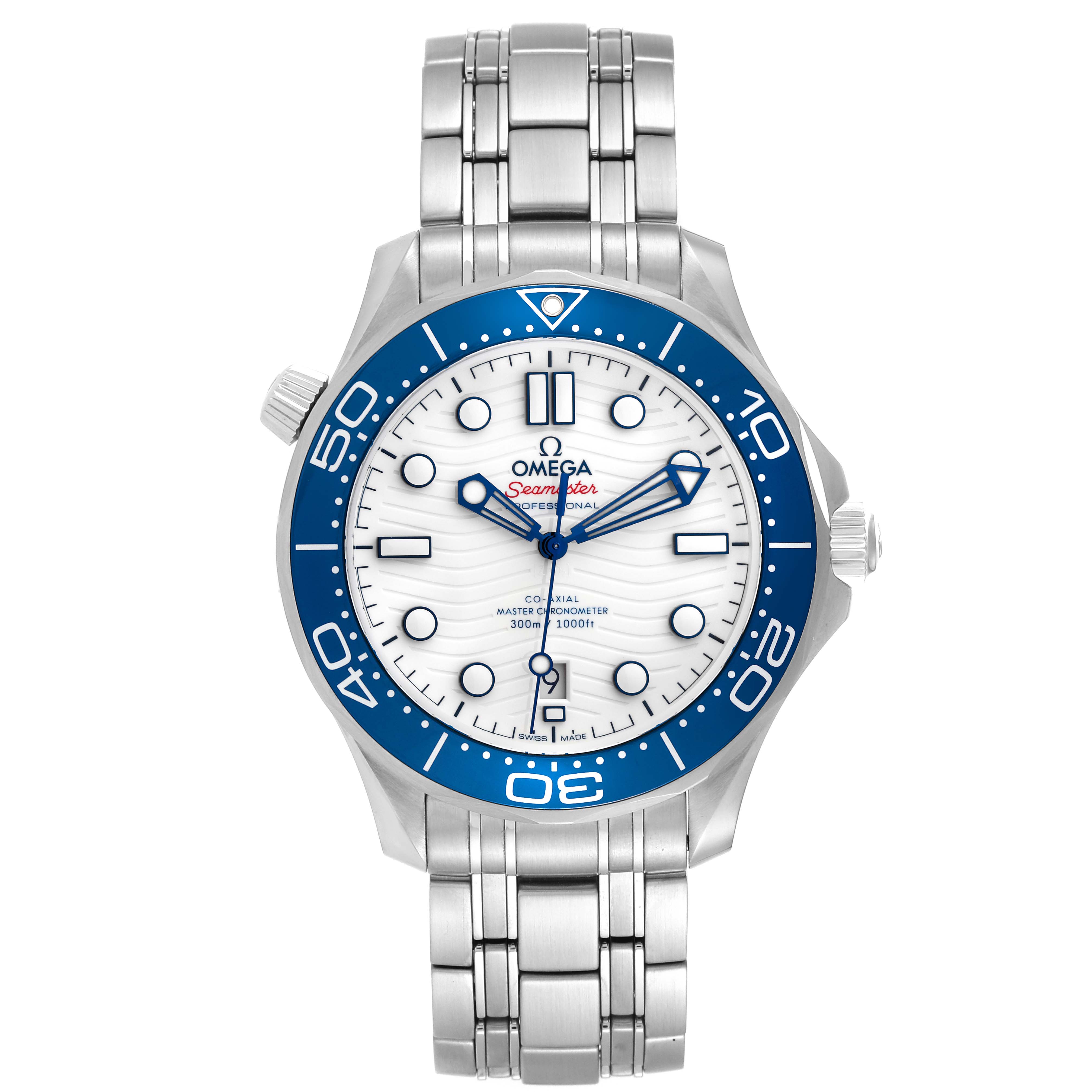 The image shows a front view of the Omega Seamaster 522.30.42.20.04.001 Men's Stainless Steel White Dial 522.30.42.20.04.001 Men's Stainless Steel White Dial, displaying its silver bracelet, white dial, blue bezel, and crown.