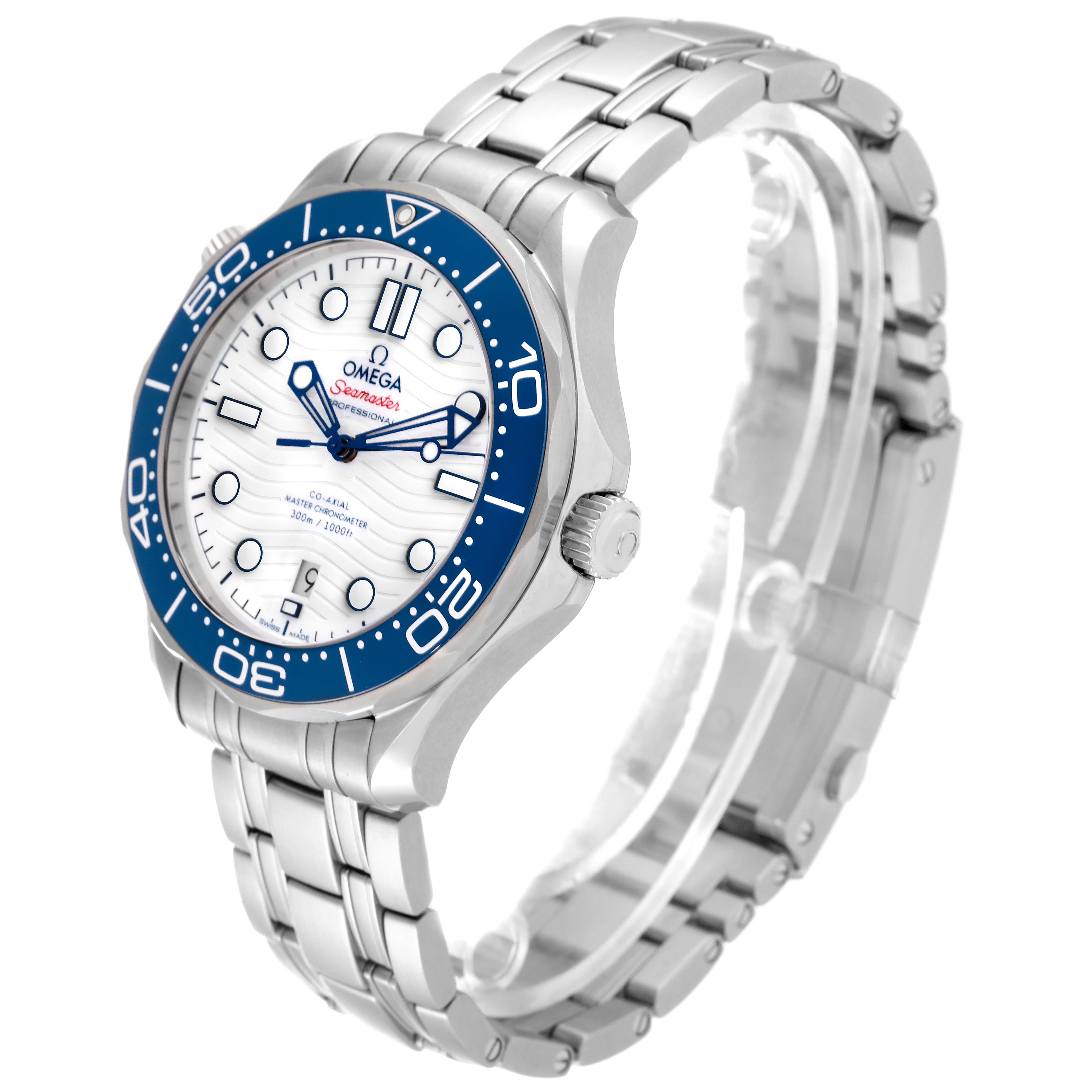 This image shows an angled side view of the Omega Seamaster 522.30.42.20.04.001 Men's Stainless Steel White Dial 522.30.42.20.04.001 Men's Stainless Steel White Dial watch, highlighting its bezel, dial, crown, and bracelet.