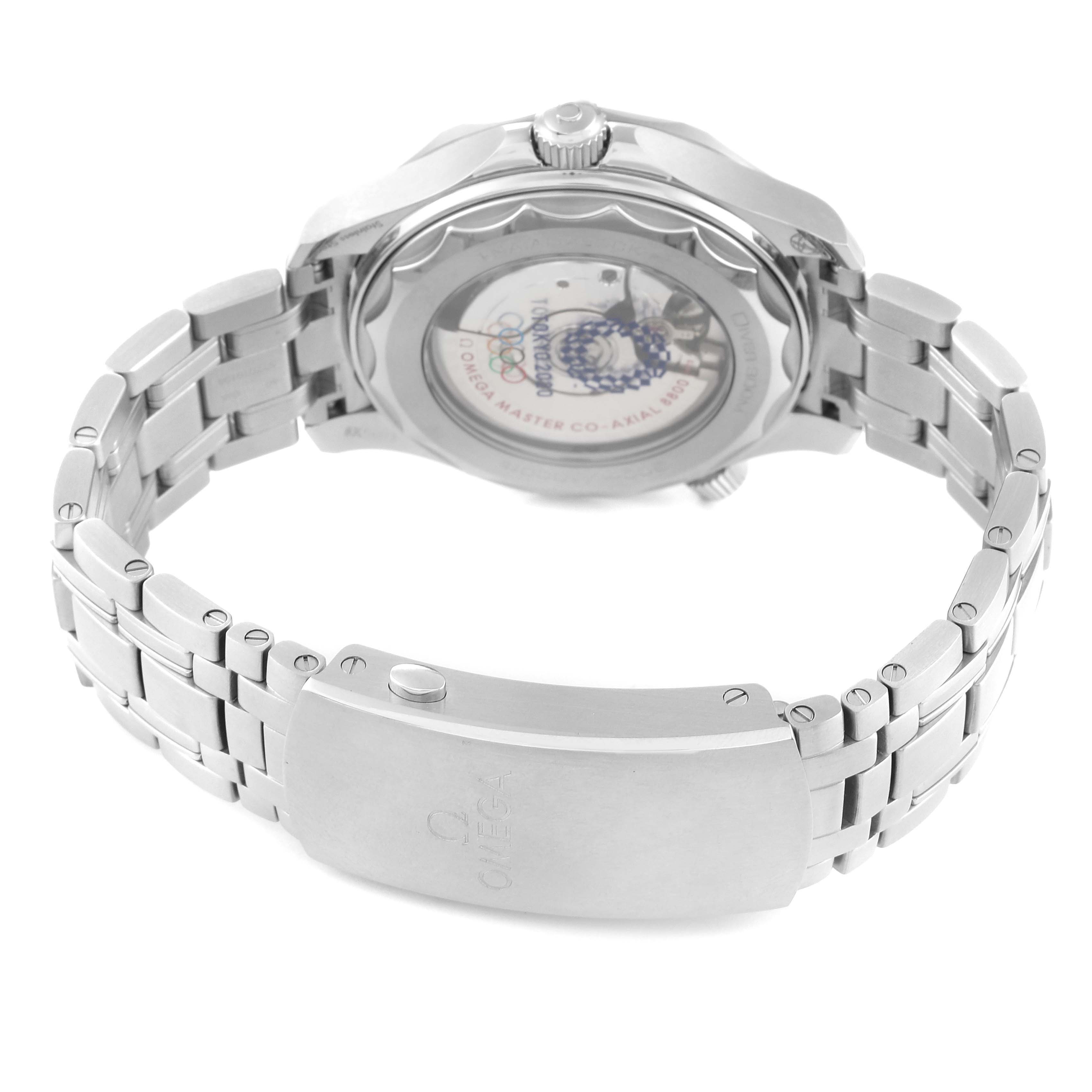 The image shows the back and clasp of an Omega Seamaster 522.30.42.20.04.001 Men's Stainless Steel White Dial 522.30.42.20.04.001 Men's Stainless Steel White Dial watch, displaying its stainless steel bracelet and transparent case back.