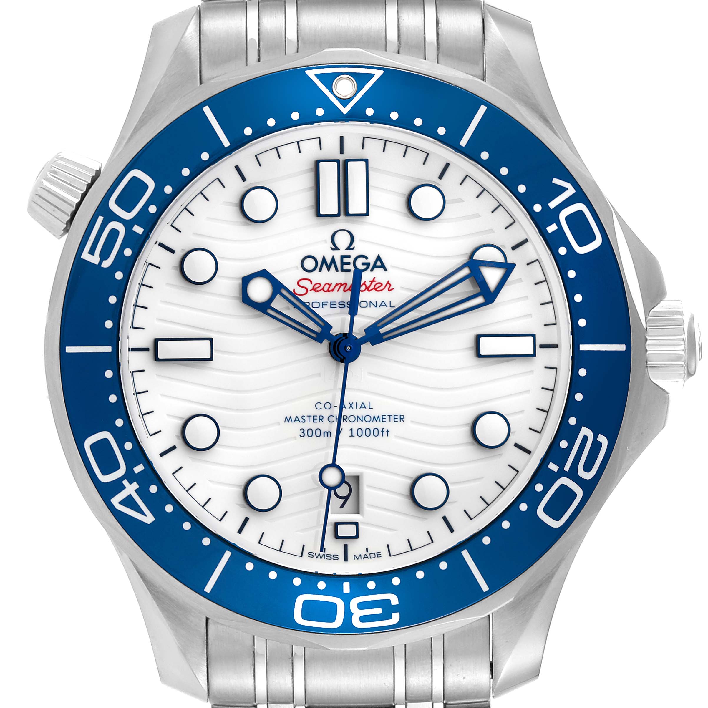 The image shows a front view of the Omega Seamaster 522.30.42.20.04.001 Men's Stainless Steel White Dial 522.30.42.20.04.001 Men's Stainless Steel White Dial watch, highlighting its face, bezel, and part of the bracelet.