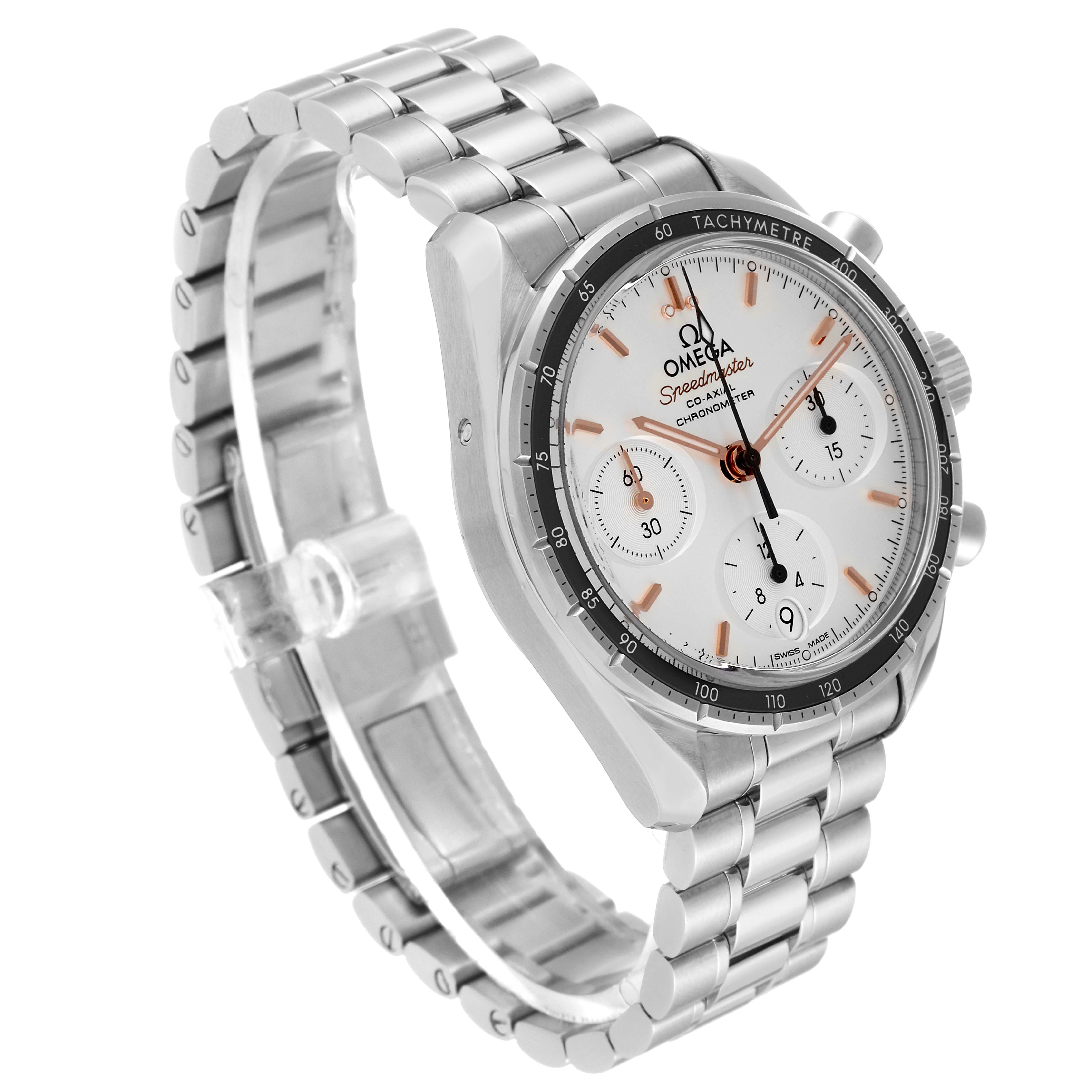 This image shows an Omega Speedmaster 324.30.38.50.02.001 Men's Stainless Steel Silver Dial 324.30.38.50.02.001 Men's Stainless Steel Silver Dial watch from a three-quarter angle displaying the dial, bezel, case, and stainless steel bracelet.