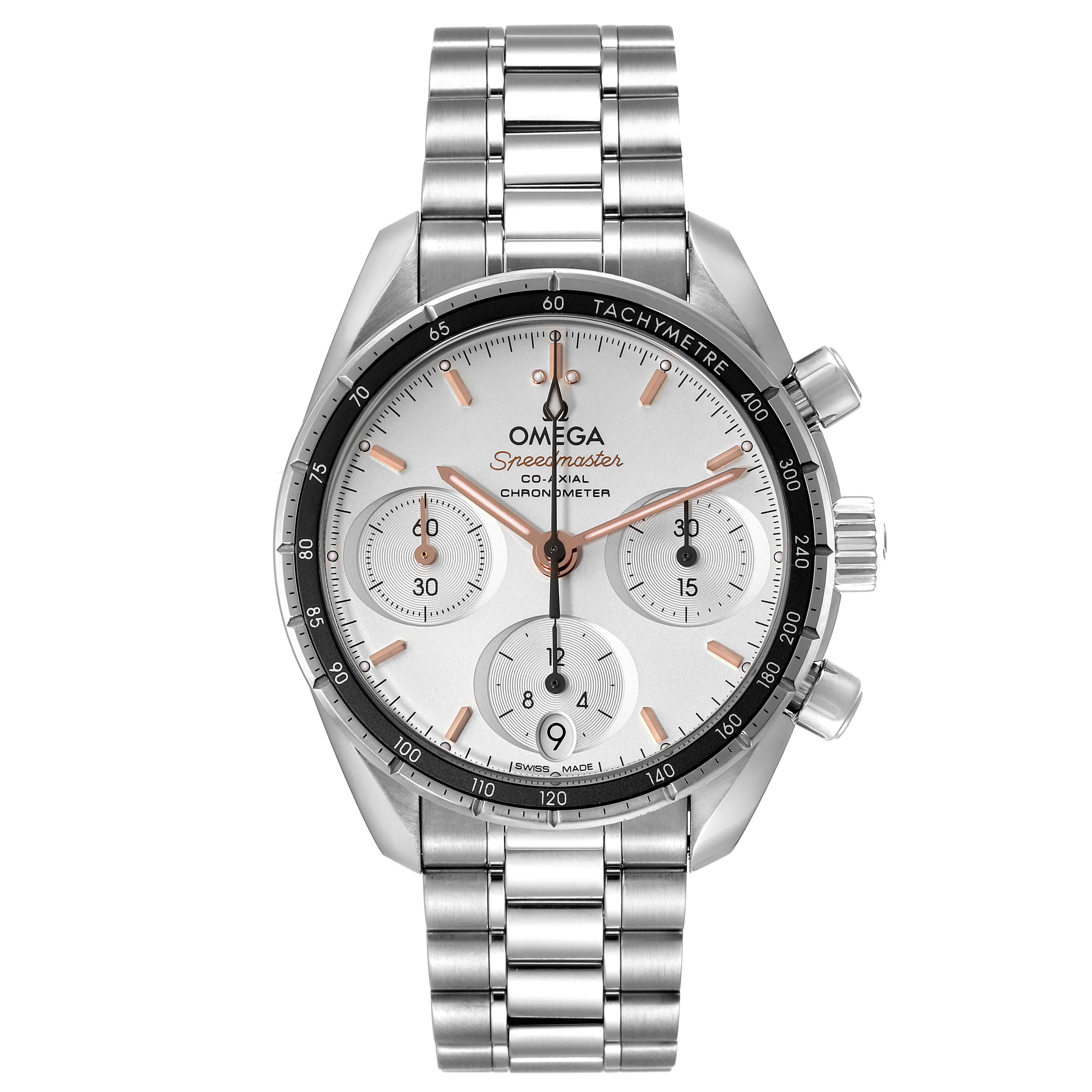 The image shows a front view of an Omega Speedmaster 324.30.38.50.02.001 Men's Stainless Steel Silver Dial 324.30.38.50.02.001 Men's Stainless Steel Silver Dial watch, highlighting its chronograph dials, tachymeter bezel, and stainless steel bracelet.