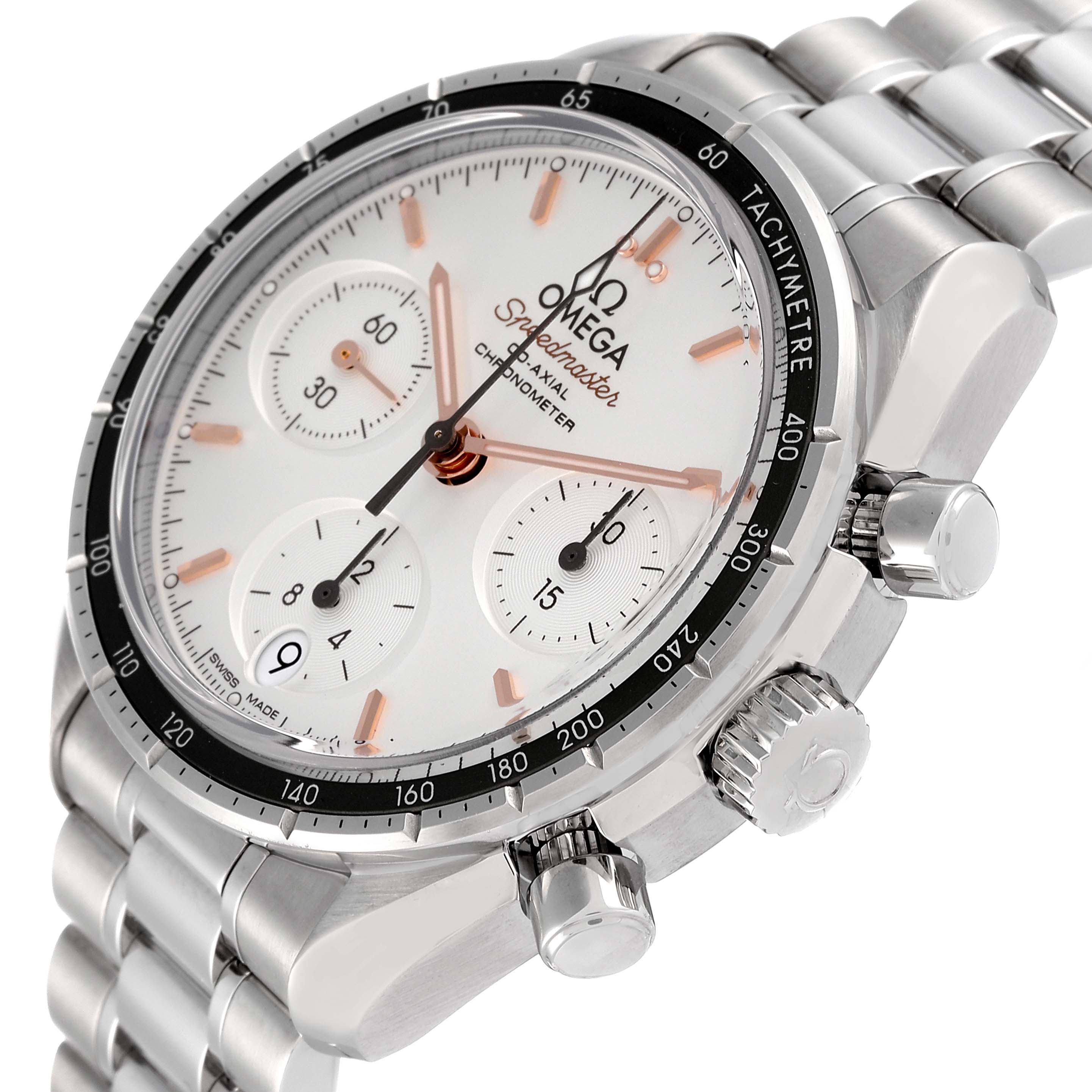 This image shows an Omega Speedmaster 324.30.38.50.02.001 Men's Stainless Steel Silver Dial 324.30.38.50.02.001 Men's Stainless Steel Silver Dial chronometer watch at an angle, highlighting the dial, bezel, crown, pushers, and bracelet.