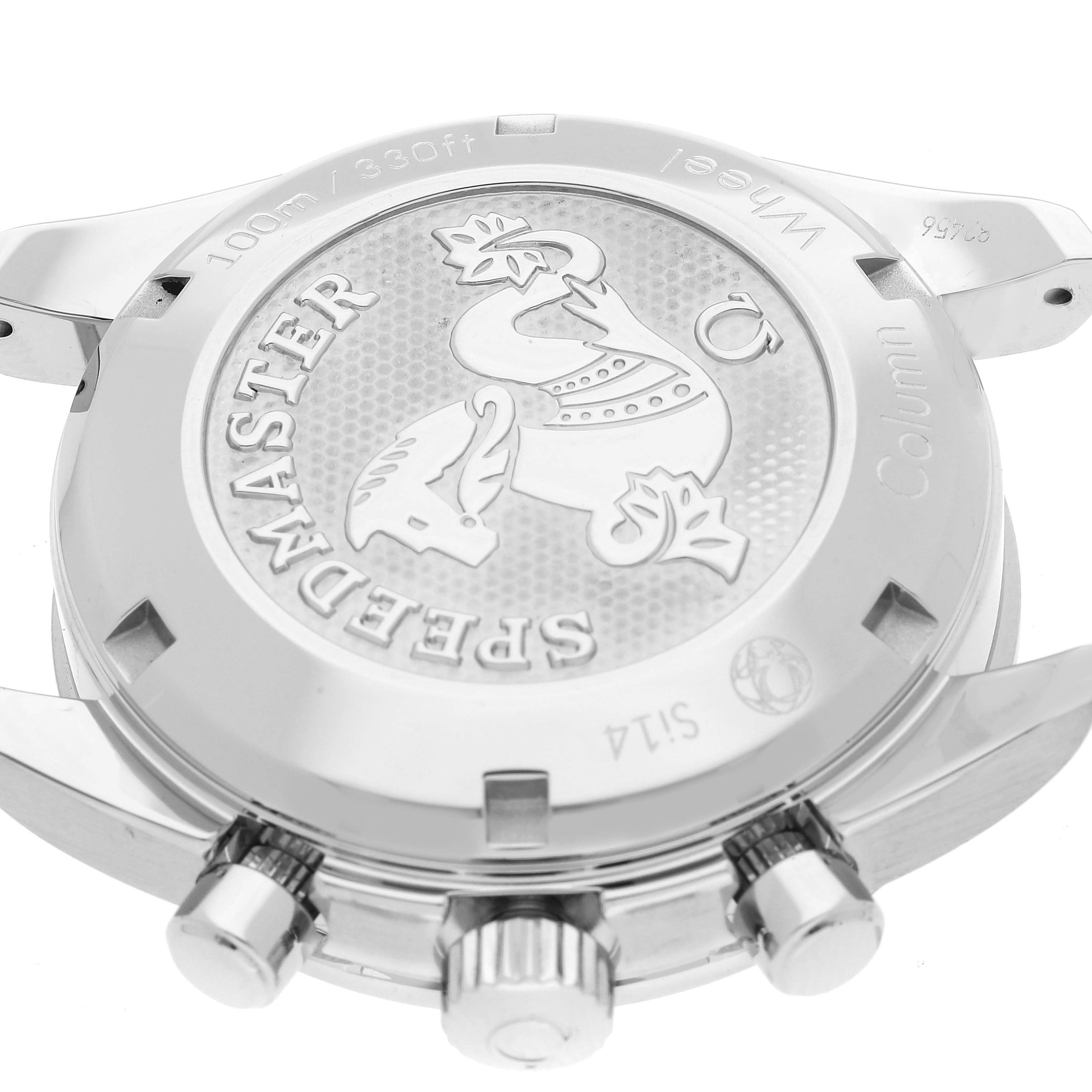The image shows the back case of the Omega Speedmaster 324.30.38.50.02.001 Men's Stainless Steel Silver Dial 324.30.38.50.02.001 Men's Stainless Steel Silver Dial watch, highlighting the embossing and the crown and pushers.