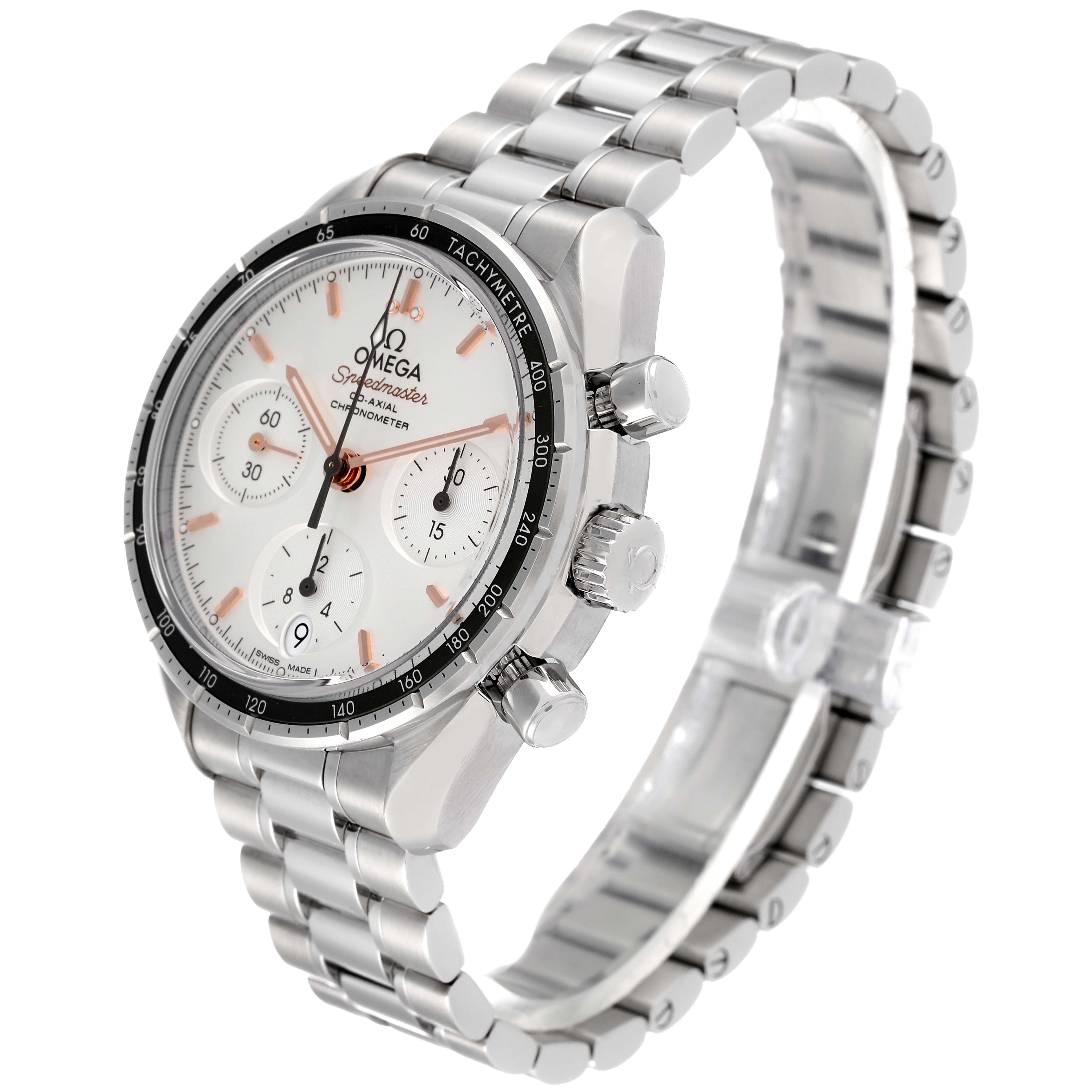 The Omega Speedmaster 324.30.38.50.02.001 Men's Stainless Steel Silver Dial 324.30.38.50.02.001 Men's Stainless Steel Silver Dial watch is shown from an angled side view, featuring its bracelet, bezel, and dial with subdials.