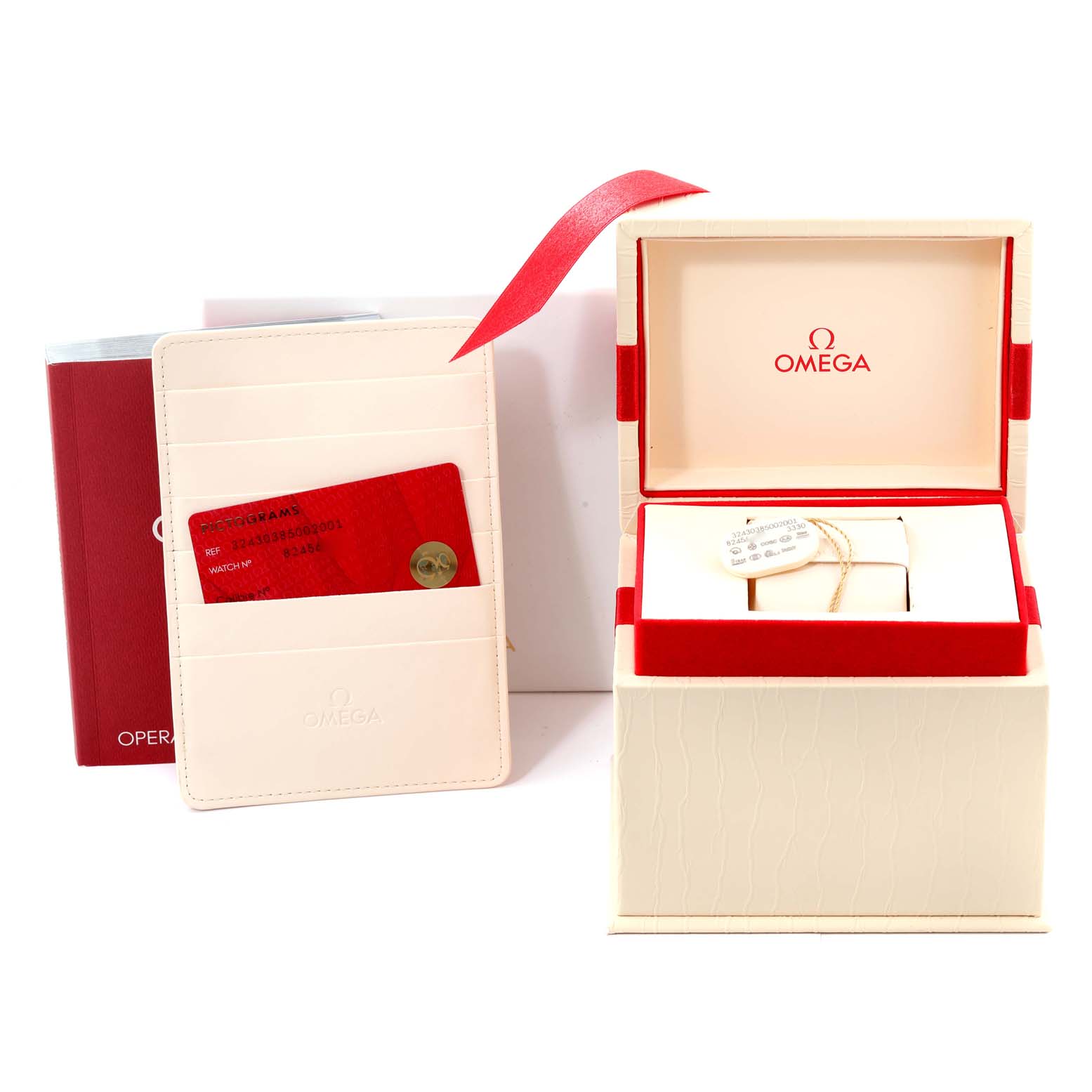 The image shows the Omega Speedmaster 324.30.38.50.02.001 Men's Stainless Steel Silver Dial 324.30.38.50.02.001 Men's Stainless Steel Silver Dial packaging, including the box, cardholder, operating instructions, and warranty card.