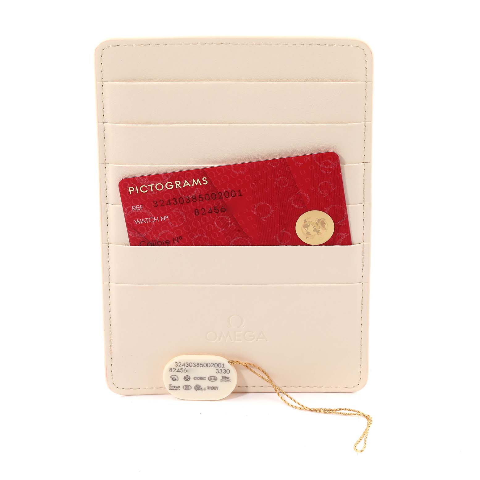 The image shows an Omega Speedmaster 324.30.38.50.02.001 Men's Stainless Steel Silver Dial 324.30.38.50.02.001 Men's Stainless Steel Silver Dial model's accessories, including a warranty card, wallet, and attached tag.