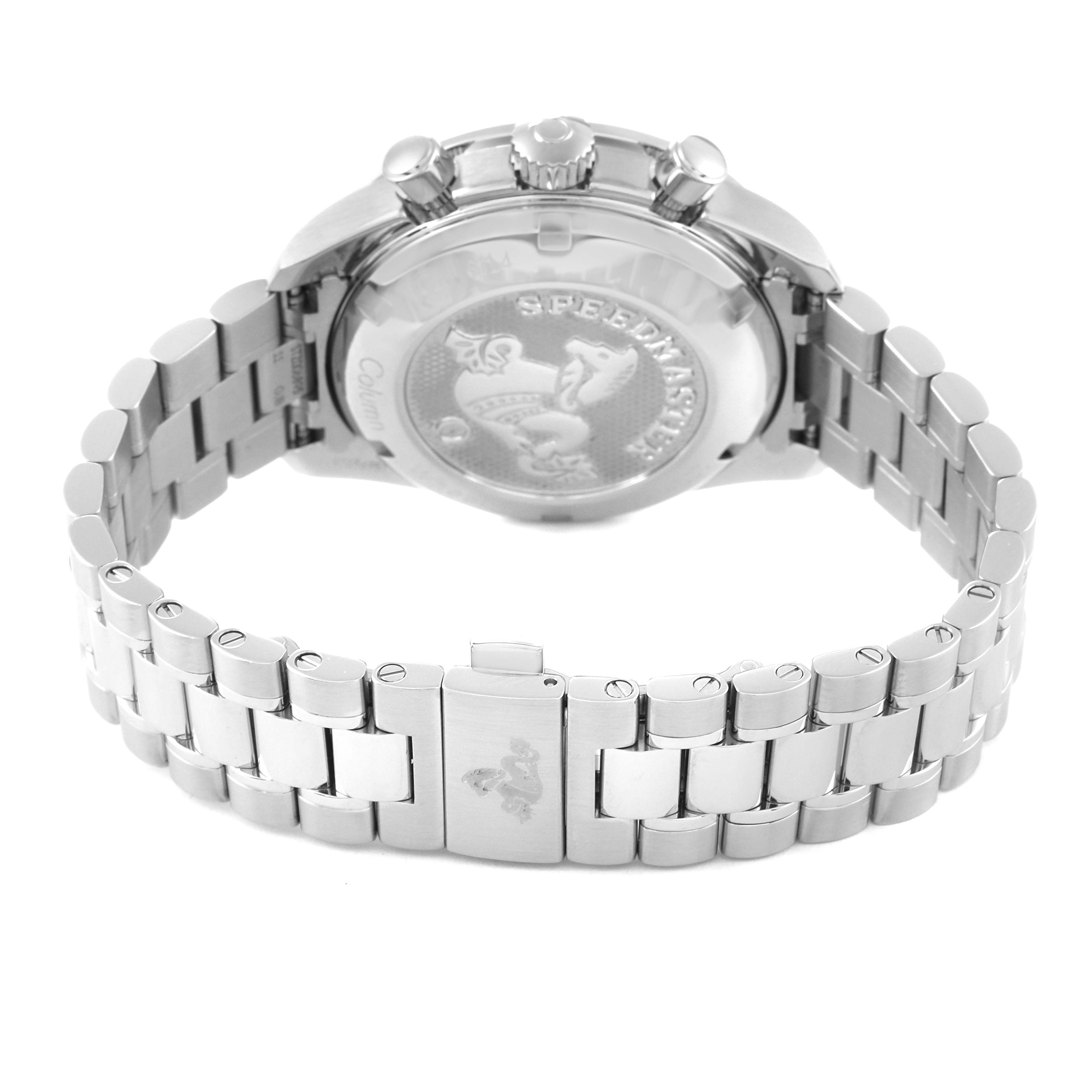 This image shows the back case and metal bracelet of the Omega Speedmaster 324.30.38.50.02.001 Men's Stainless Steel Silver Dial 324.30.38.50.02.001 Men's Stainless Steel Silver Dial watch from a rear angle.