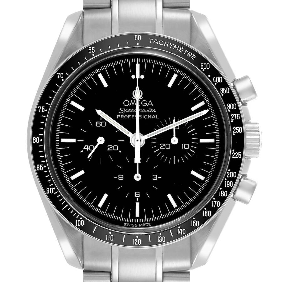 The Omega Speedmaster watch is shown from a front angle, displaying the face, bezel, pushers, and part of the bracelet.