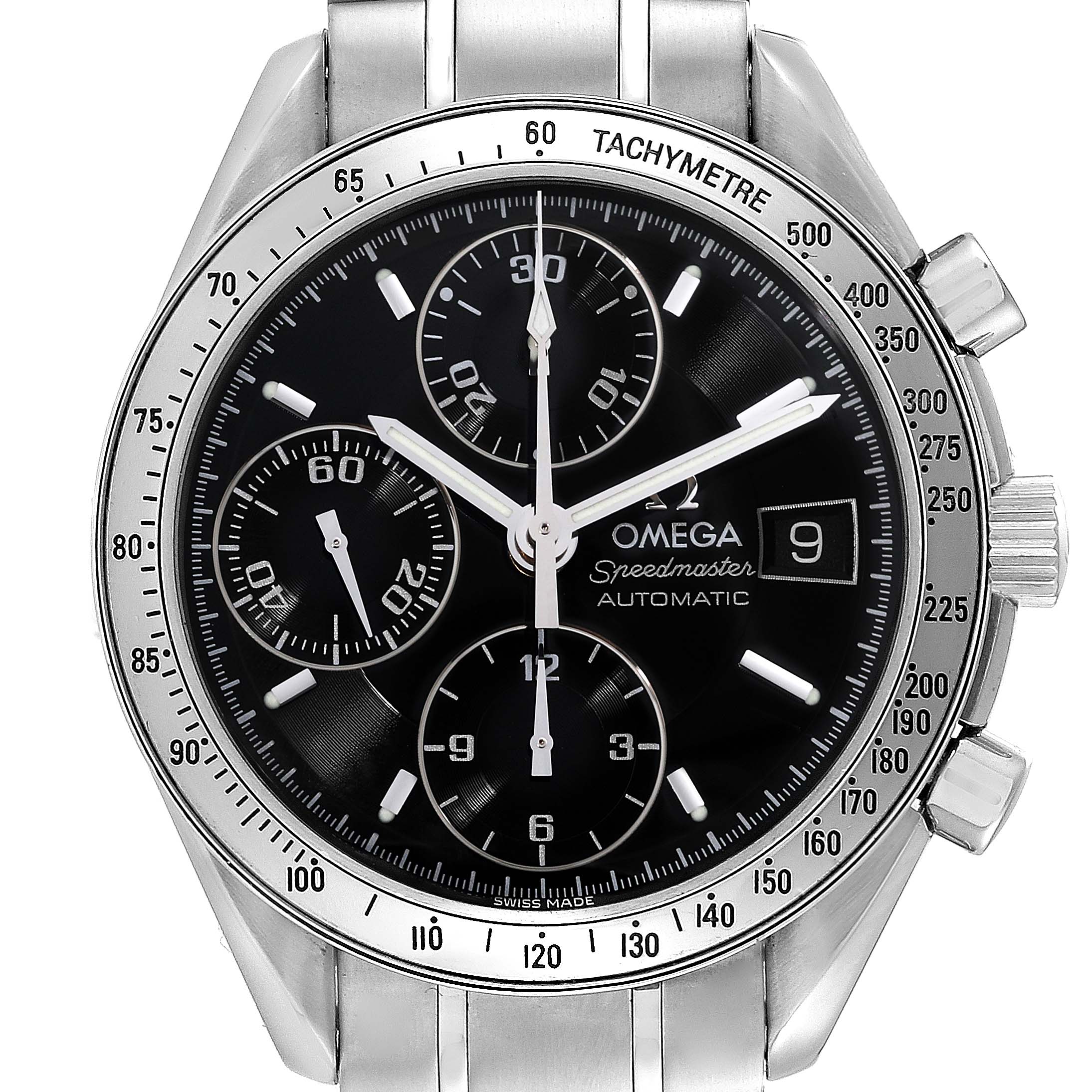 This is a frontal view of the Omega Speedmaster 3513.50.00 Men
s Stainless Steel Black Dial 3513.50.00 Men
s Stainless Steel Black Dial watch showcasing the dial, subdials, bezel, and date window.