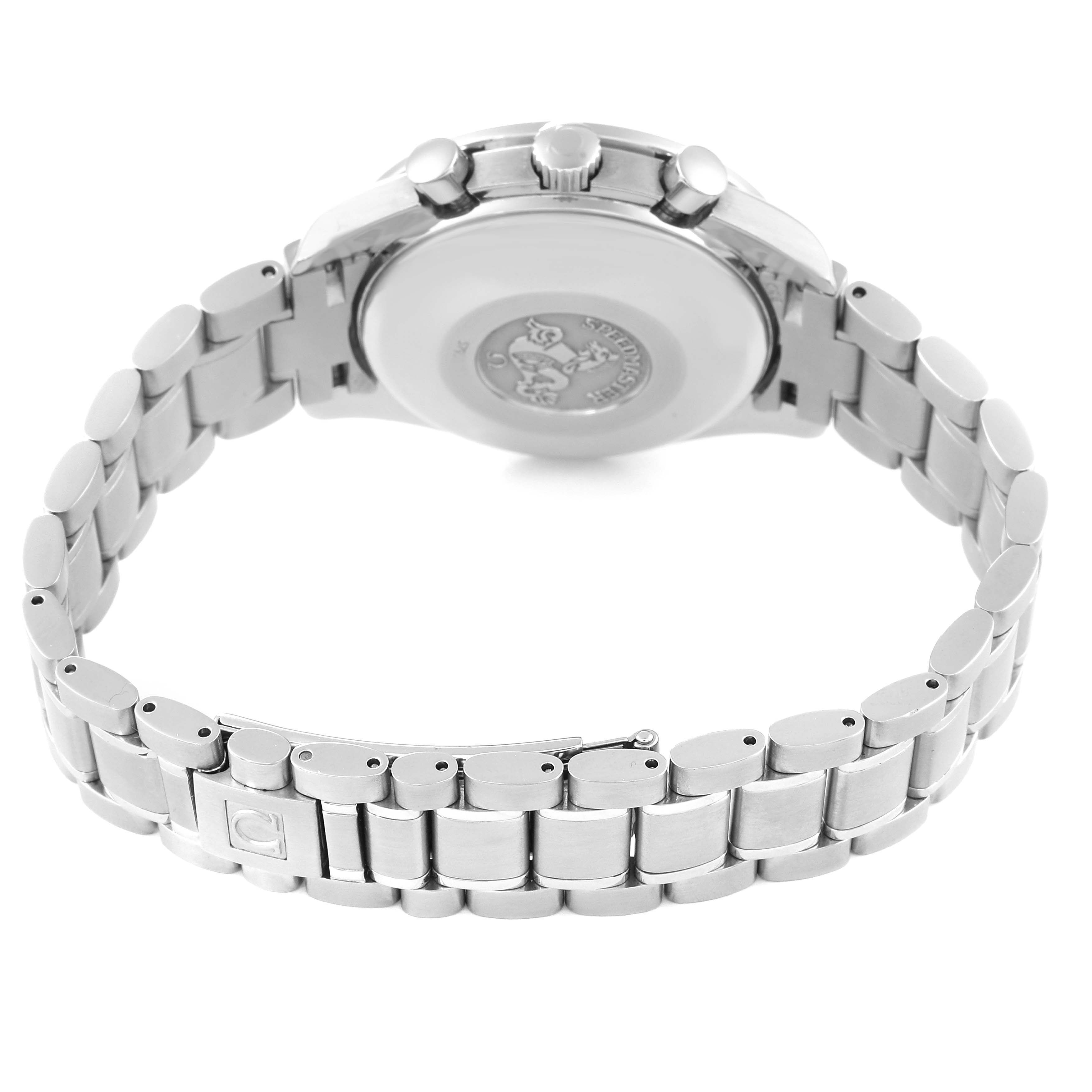 The image shows the back case and bracelet of an Omega Speedmaster 3513.50.00 Men
s Stainless Steel Black Dial 3513.50.00 Men
s Stainless Steel Black Dial watch, viewed from the rear.