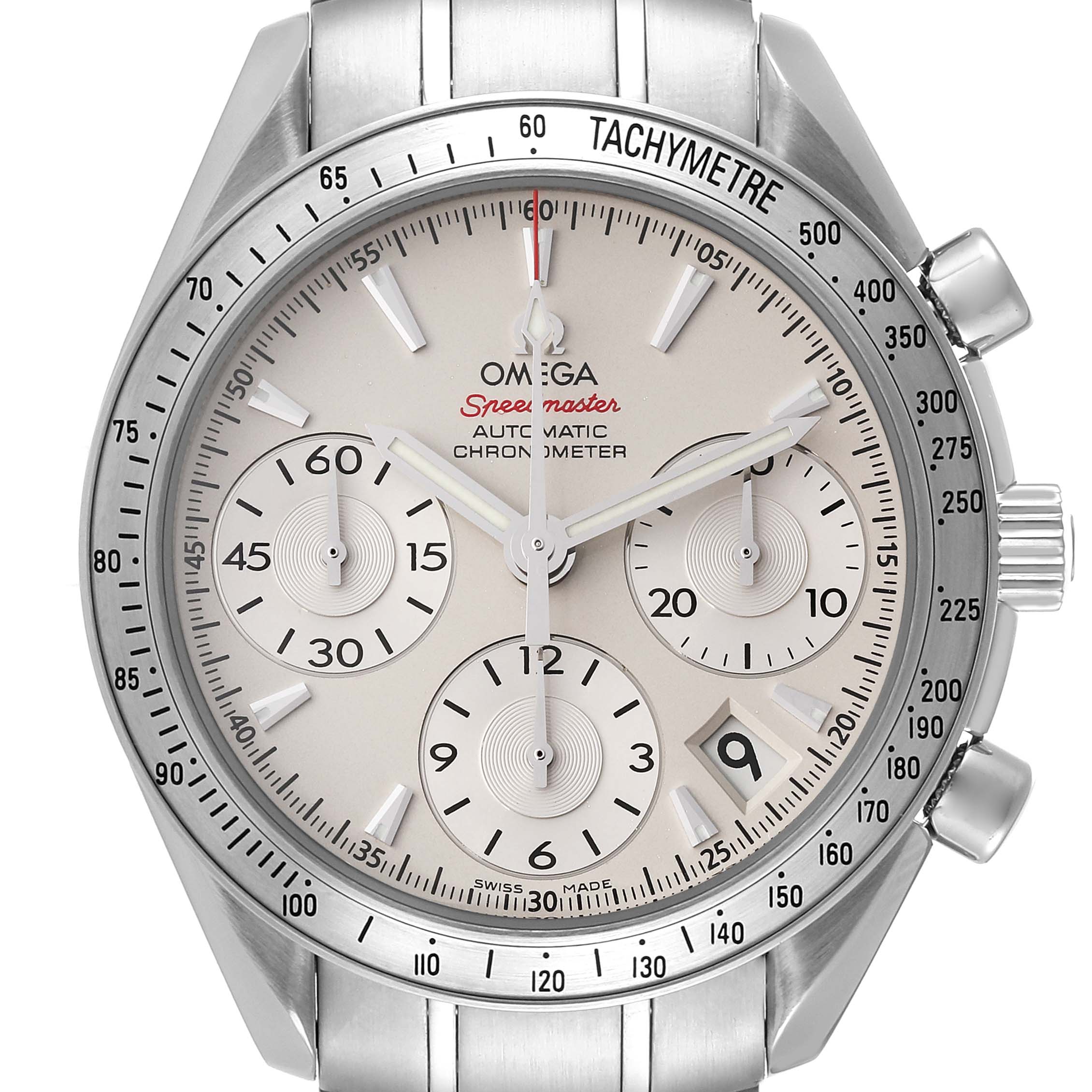 The image shows a front view of the Omega Speedmaster 323.10.40.40.02.001 Men's Stainless Steel Silver Dial 323.10.40.40.02.001 Men's Stainless Steel Silver Dial watch, highlighting its dial, subdials, tachymeter bezel, and date window.