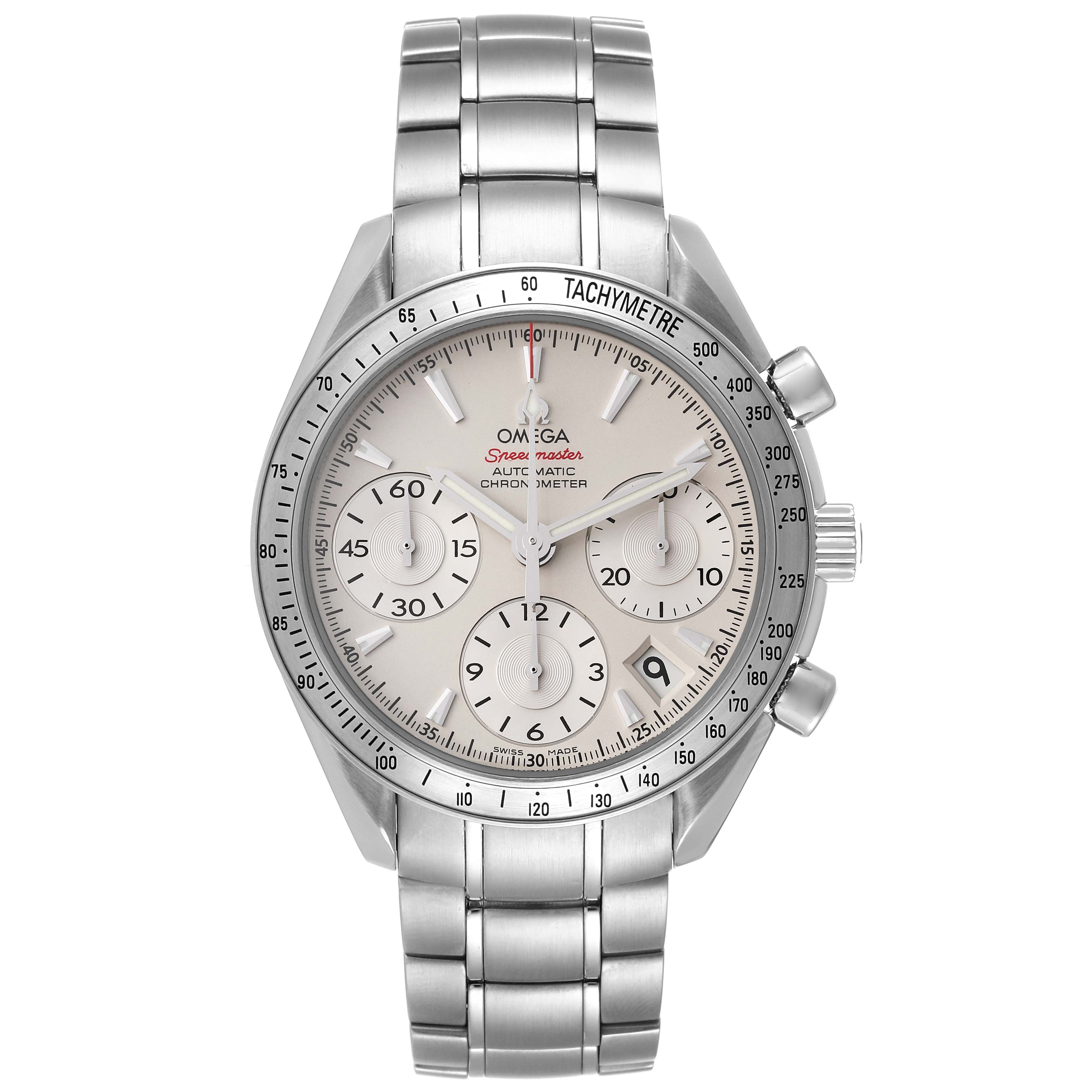 The Omega Speedmaster 323.10.40.40.02.001 Men's Stainless Steel Silver Dial 323.10.40.40.02.001 Men's Stainless Steel Silver Dial watch is shown from the front, displaying the dial, subdials, hands, bezel, and metal bracelet.