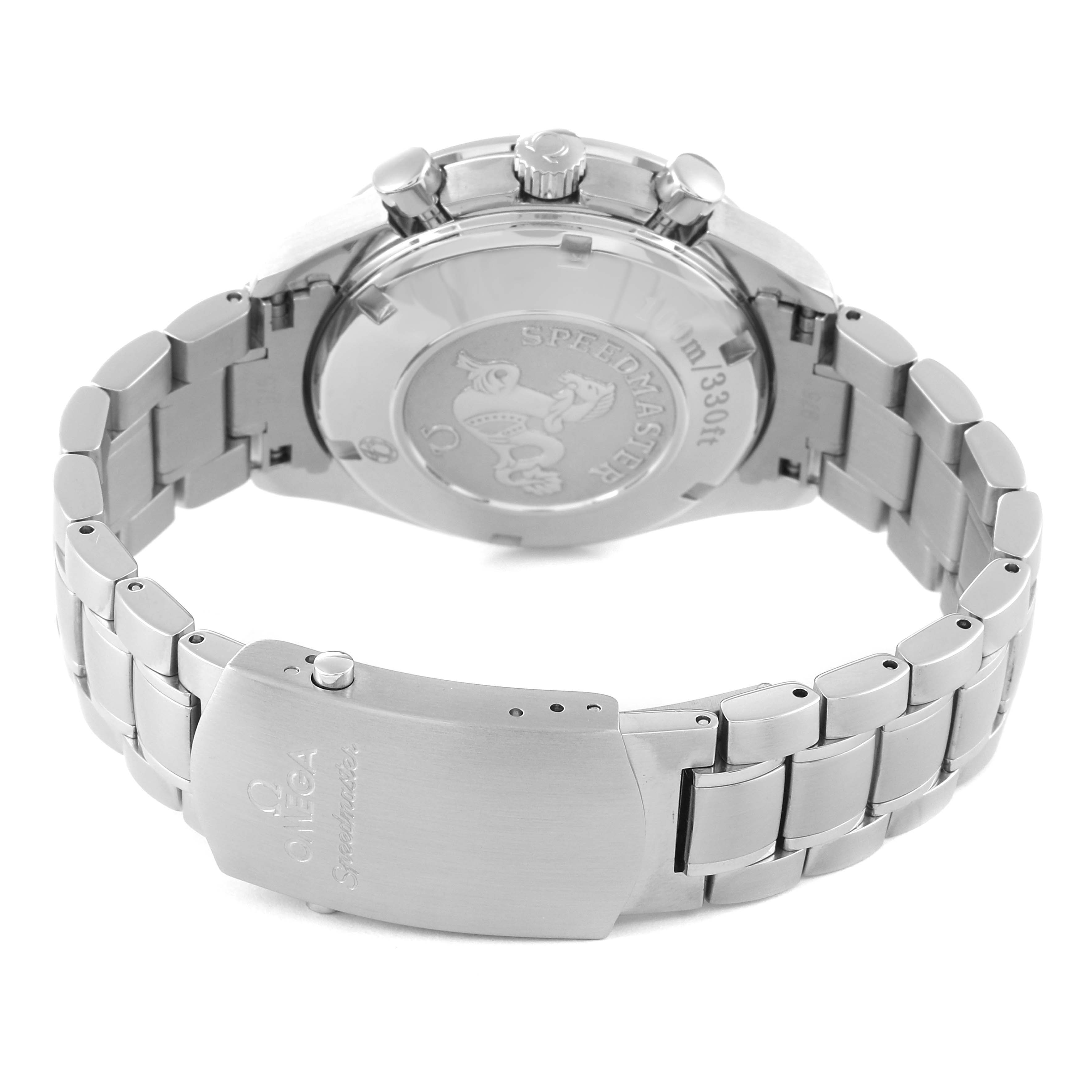 The image shows the back view of an Omega Speedmaster 323.10.40.40.02.001 Men's Stainless Steel Silver Dial 323.10.40.40.02.001 Men's Stainless Steel Silver Dial watch, focusing on the clasp, bracelet, and case back.