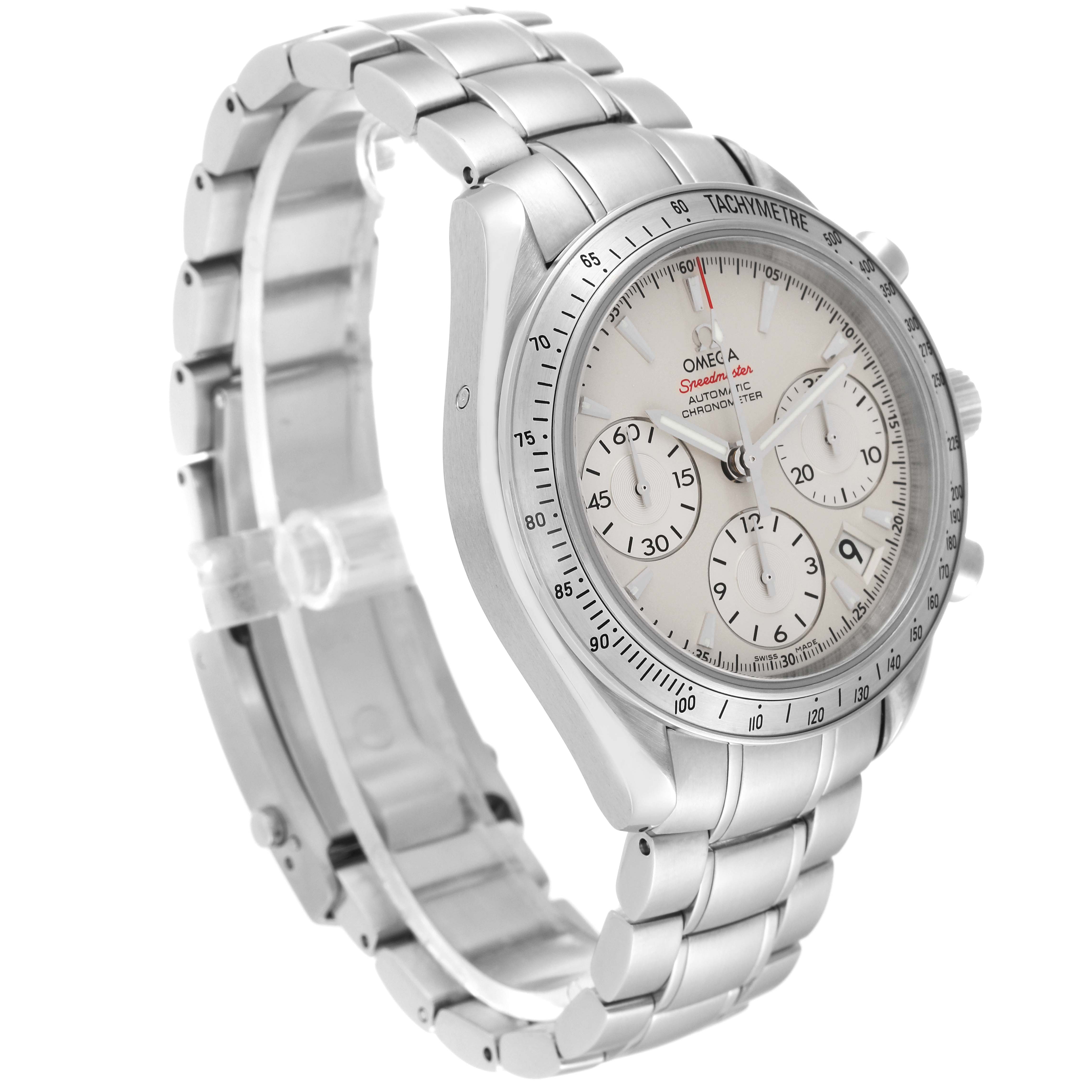 The image shows an Omega Speedmaster 323.10.40.40.02.001 Men's Stainless Steel Silver Dial 323.10.40.40.02.001 Men's Stainless Steel Silver Dial watch at a three-quarter angle, highlighting its stainless steel case, tachymeter bezel, and bracelet.