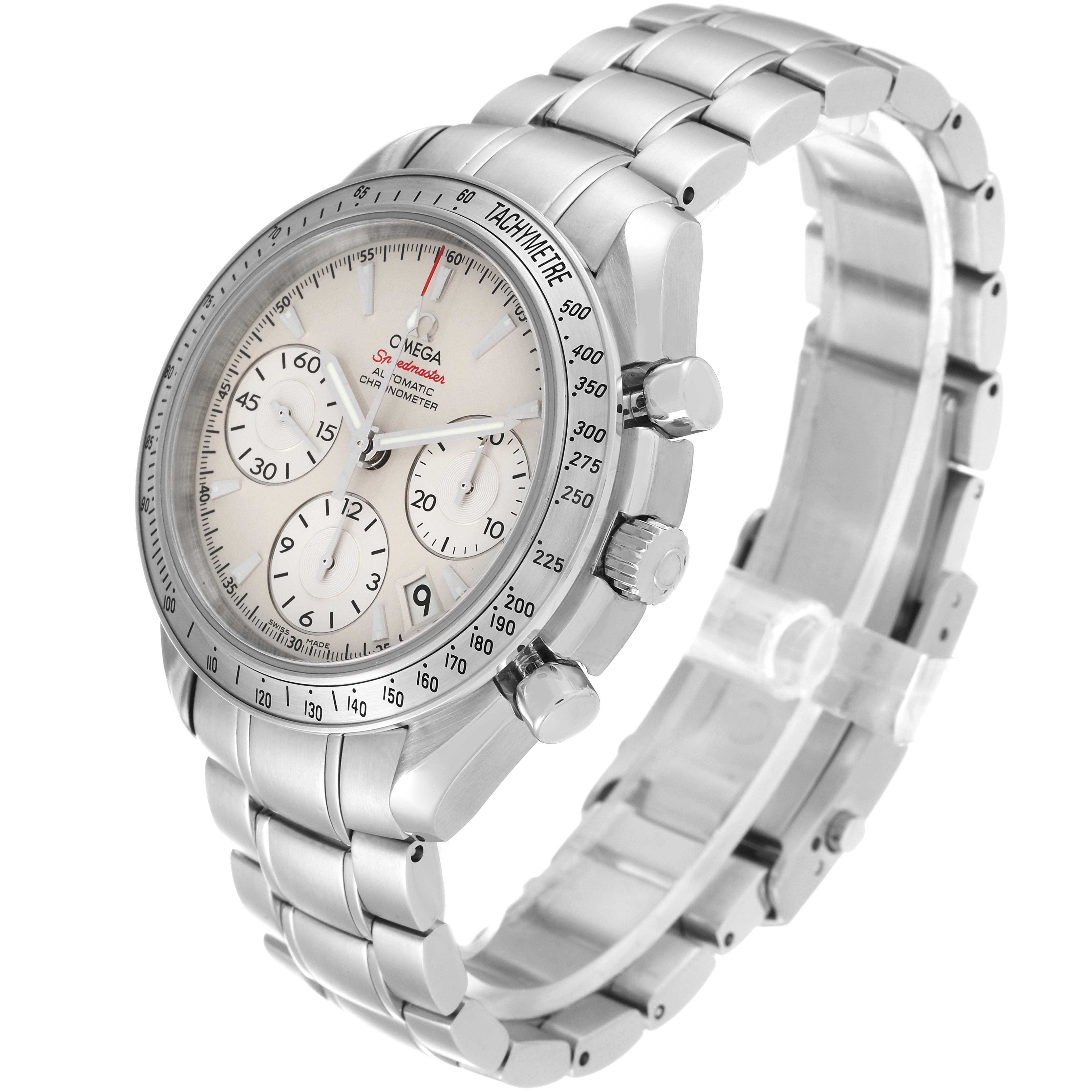 The Omega Speedmaster 323.10.40.40.02.001 Men's Stainless Steel Silver Dial 323.10.40.40.02.001 Men's Stainless Steel Silver Dial watch is shown at a three-quarter angle, highlighting the dial, bezel, and part of the bracelet.
