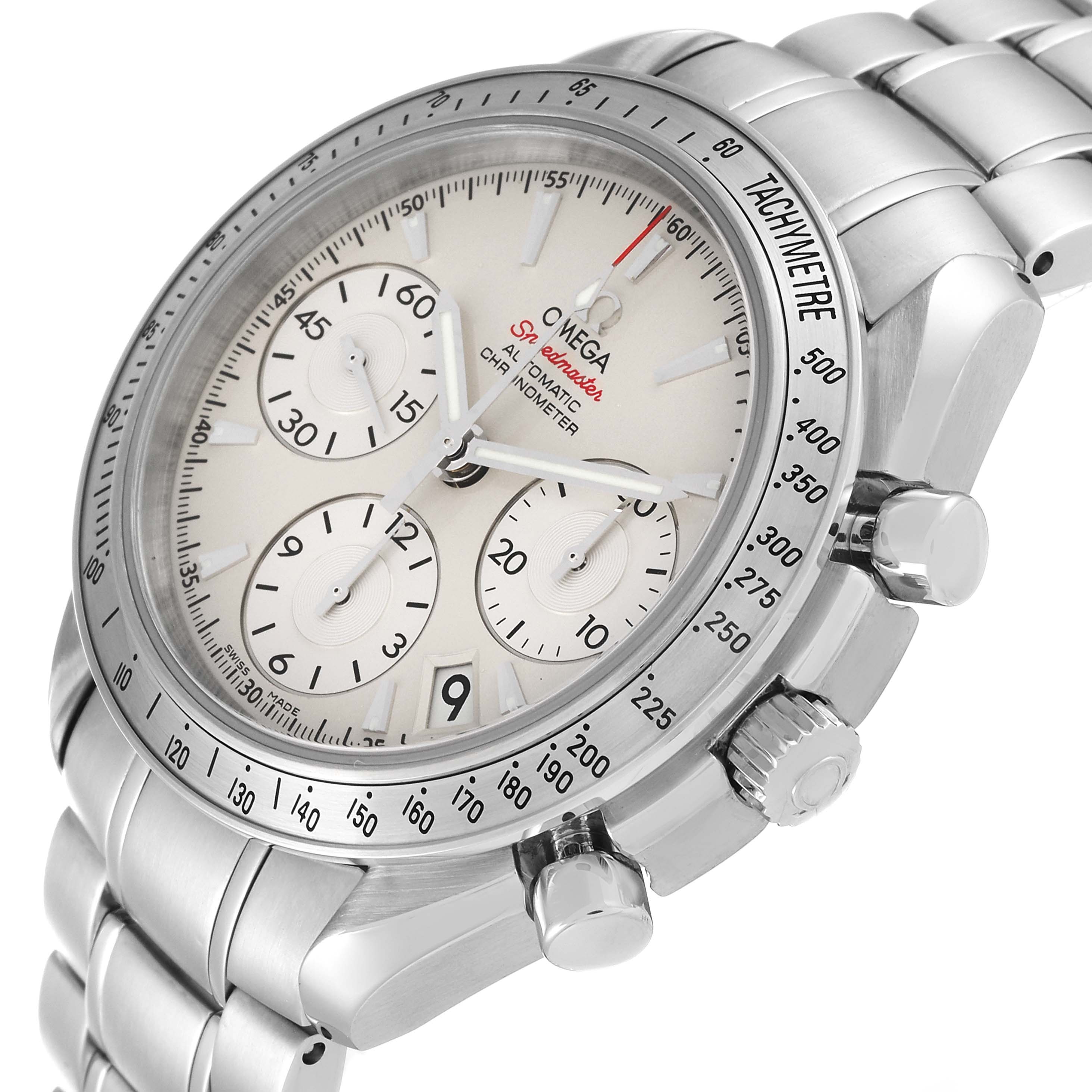 The Omega Speedmaster 323.10.40.40.02.001 Men's Stainless Steel Silver Dial 323.10.40.40.02.001 Men's Stainless Steel Silver Dial watch is shown at a slight angle, highlighting the dial, chronograph subdials, bezel, and metallic bracelet.