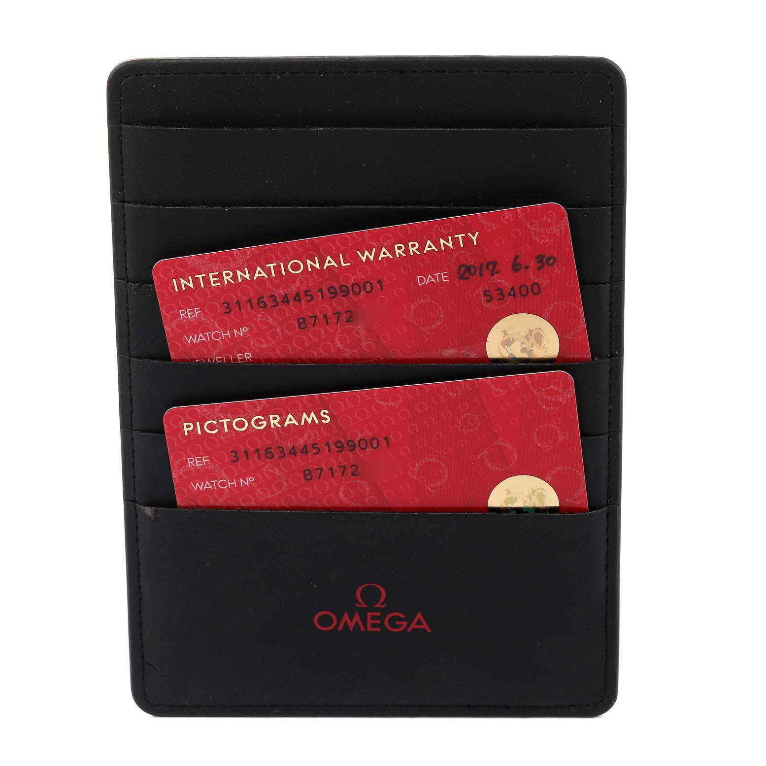 The image shows an Omega Speedmaster 311.63.44.51.99.001 Men's Ceramic Grey Dial 311.63.44.51.99.001 Men's Ceramic Grey Dial wallet holding an International Warranty card and a Pictograms card.