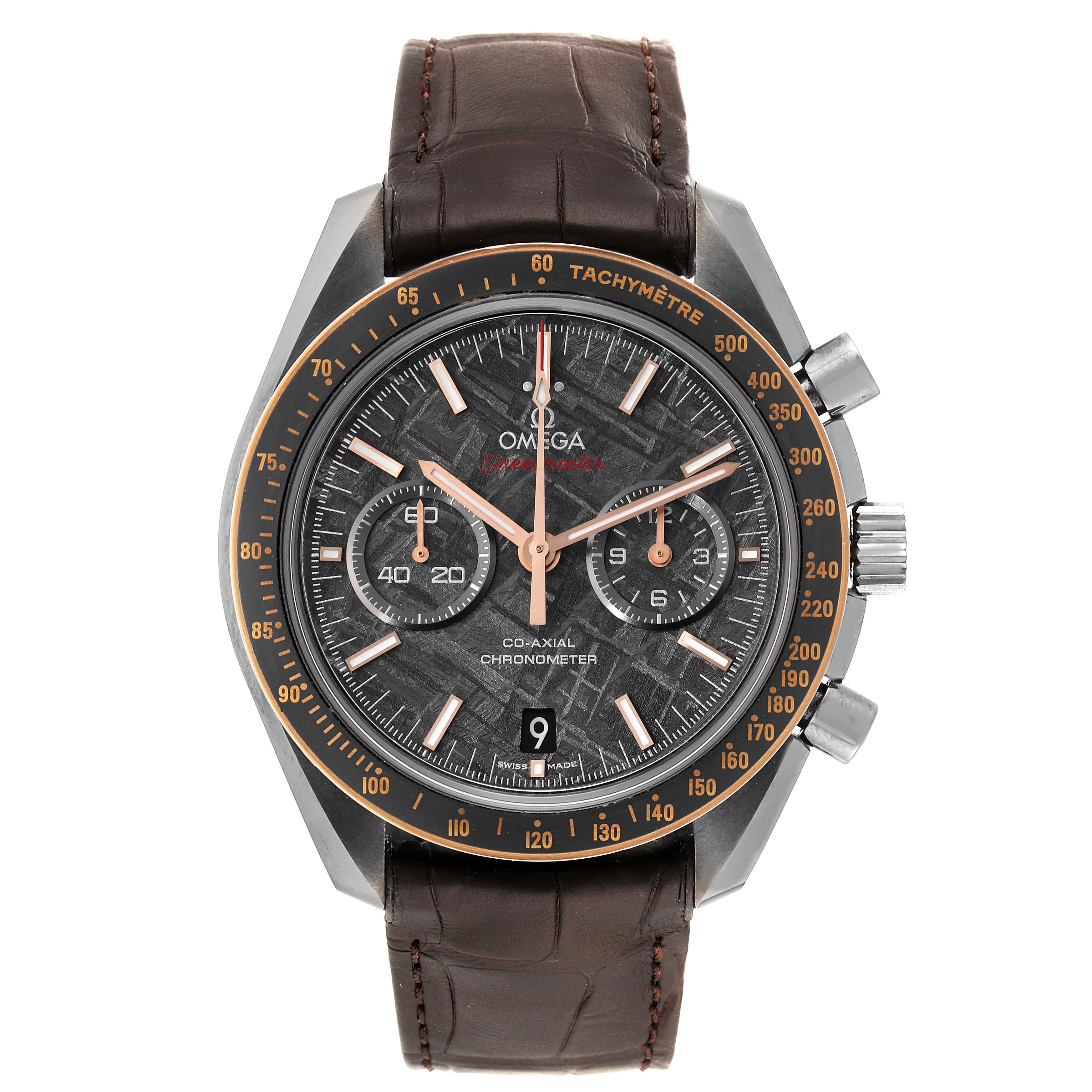 This Omega Speedmaster 311.63.44.51.99.001 Men's Ceramic Grey Dial 311.63.44.51.99.001 Men's Ceramic Grey Dial model is shown from the front, highlighting its dial, subdials, bezel, and brown leather strap.