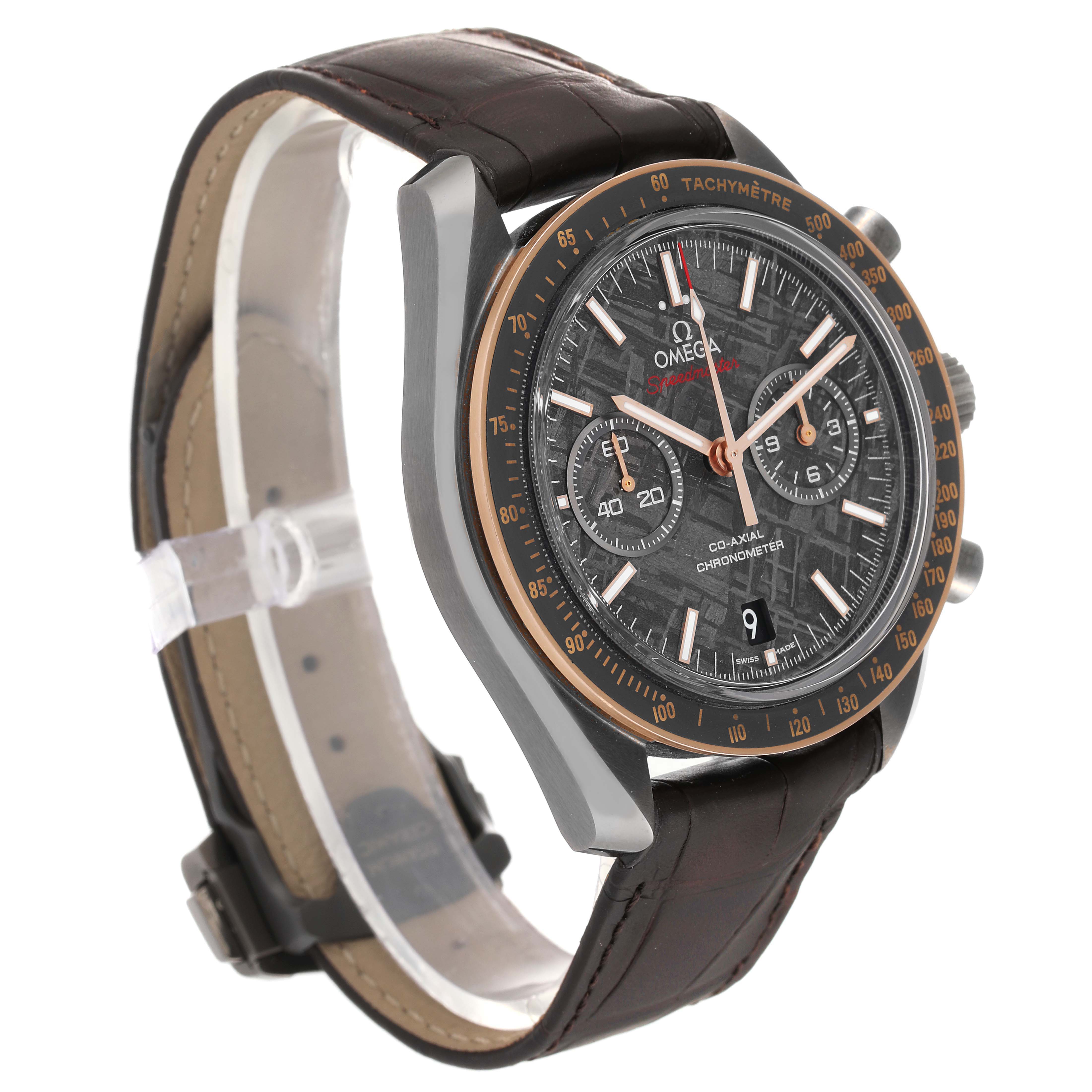 The Omega Speedmaster 311.63.44.51.99.001 Men's Ceramic Grey Dial 311.63.44.51.99.001 Men's Ceramic Grey Dial watch is shown at a 3/4 side angle, highlighting the watch face, bezel, and leather strap.