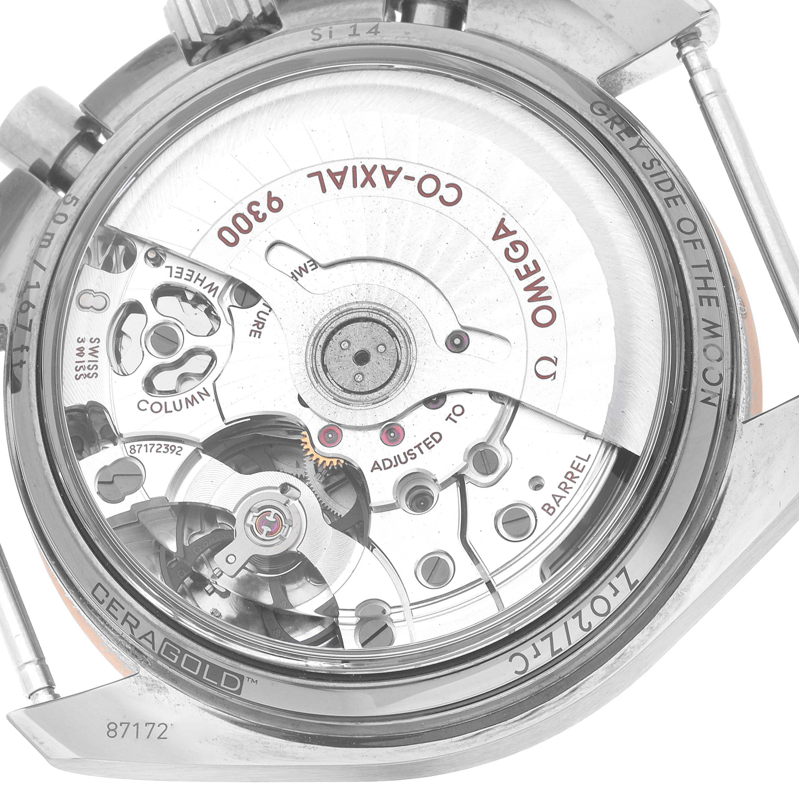 The image shows the open caseback of an Omega Speedmaster 311.63.44.51.99.001 Men's Ceramic Grey Dial 311.63.44.51.99.001 Men's Ceramic Grey Dial watch, displaying the Co-Axial 9300 movement.