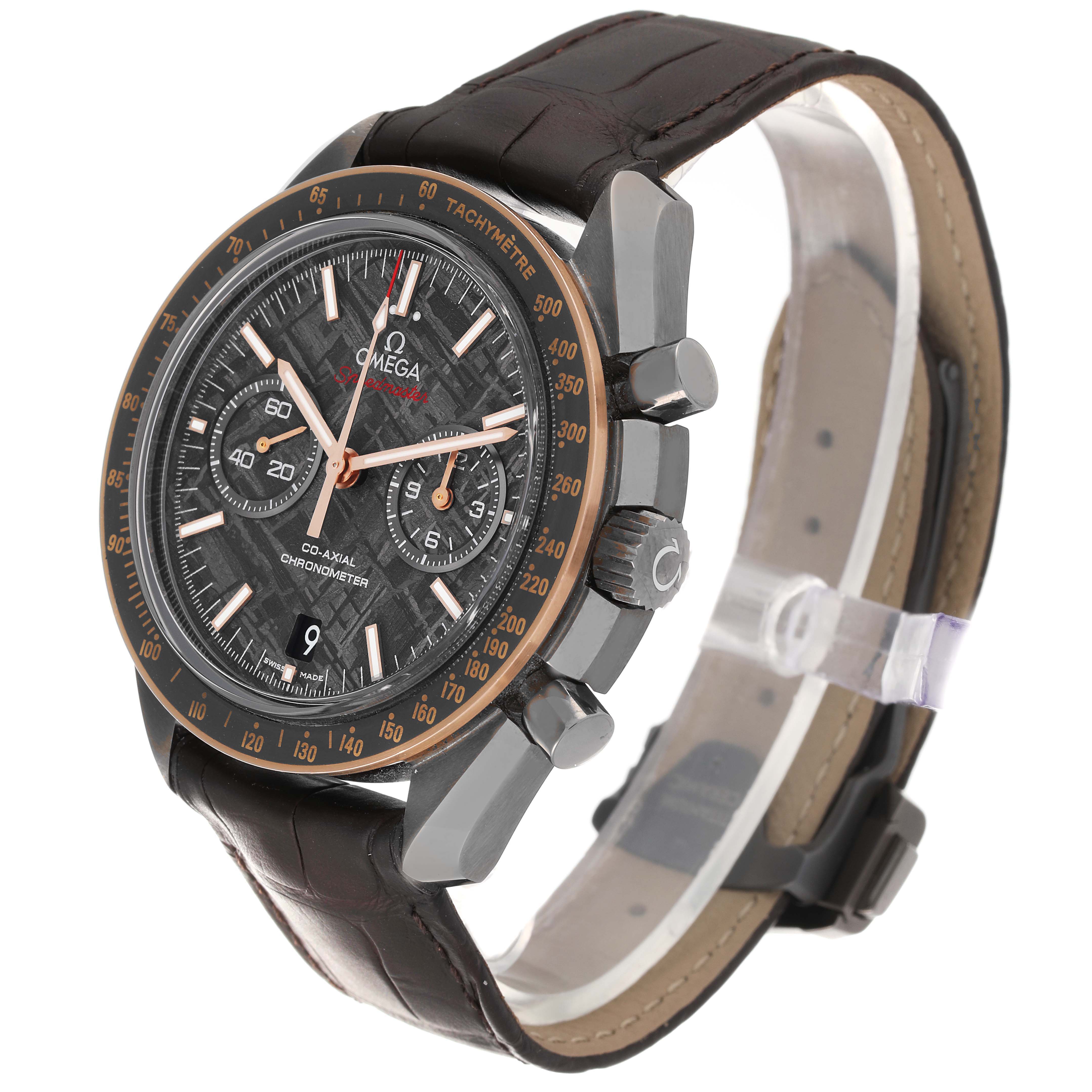 The image shows a side profile of the Omega Speedmaster 311.63.44.51.99.001 Men's Ceramic Grey Dial 311.63.44.51.99.001 Men's Ceramic Grey Dial watch, highlighting the face, pushers, crown, and leather strap.