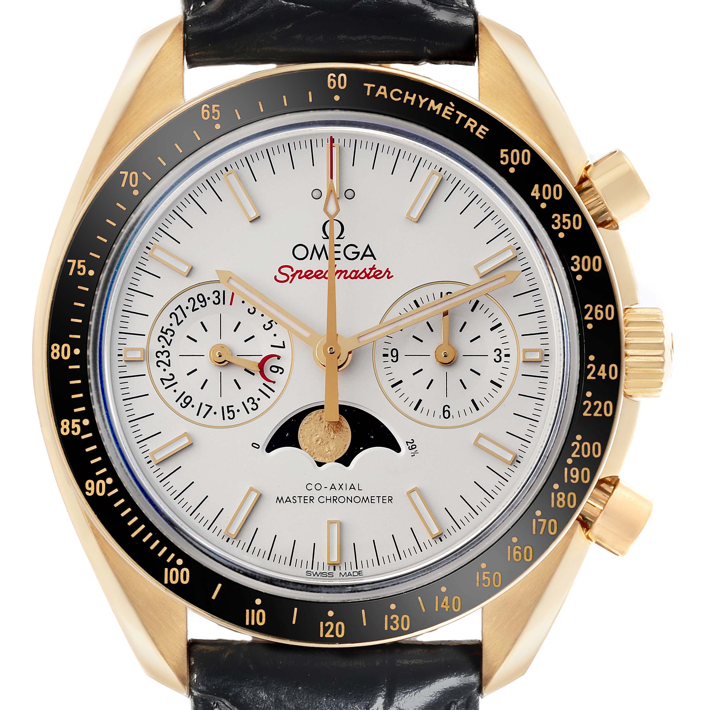 The Omega Speedmaster 304.63.44.52.02.001 Men's Yellow Gold Silver Dial 304.63.44.52.02.001 Men's Yellow Gold Silver Dial watch is shown from the front, highlighting the dial, subdials, hands, and tachymeter bezel.