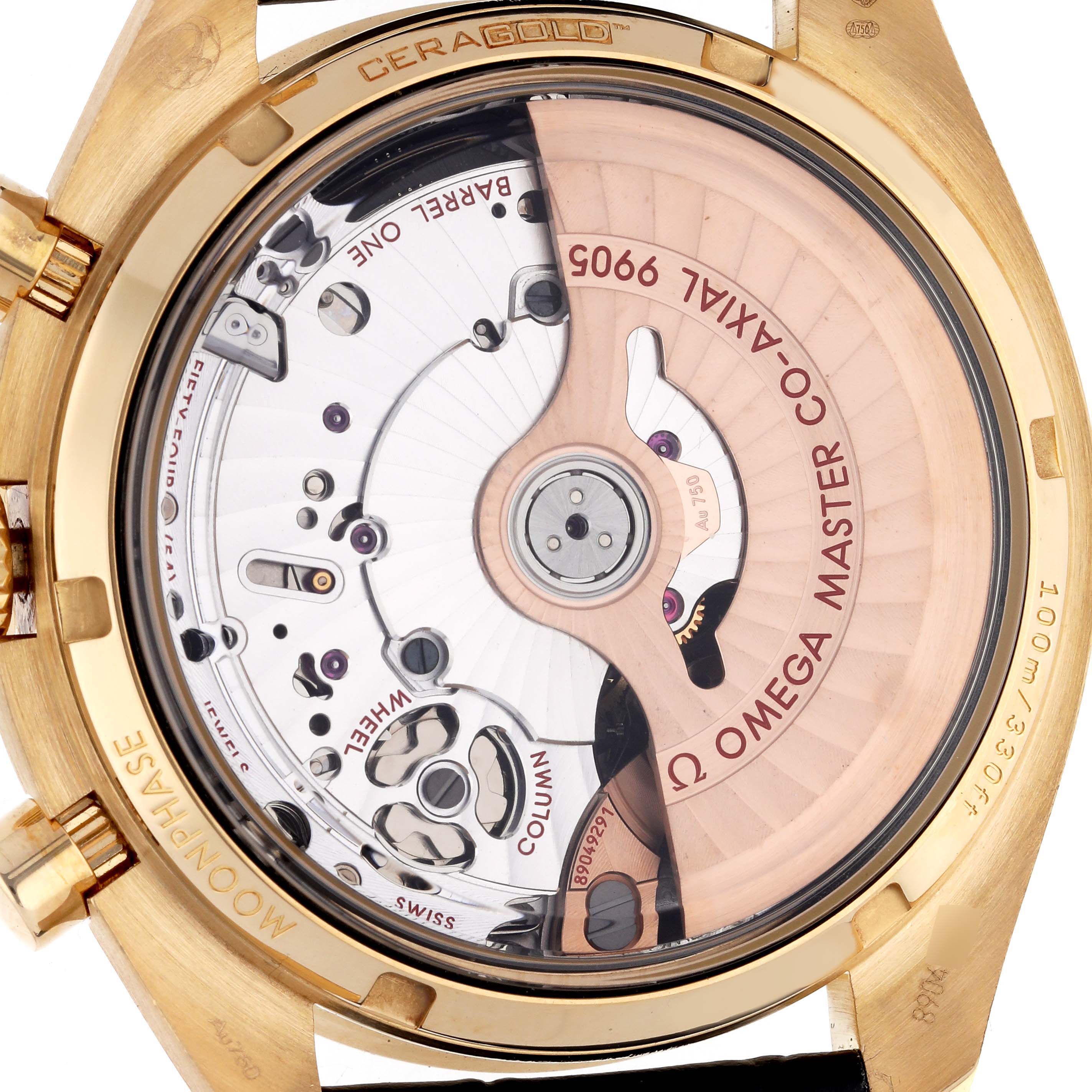 The image shows the Omega Speedmaster 304.63.44.52.02.001 Men's Yellow Gold Silver Dial 304.63.44.52.02.001 Men's Yellow Gold Silver Dial's transparent case back, revealing the movement and rotor marked "Co-Axial Master."