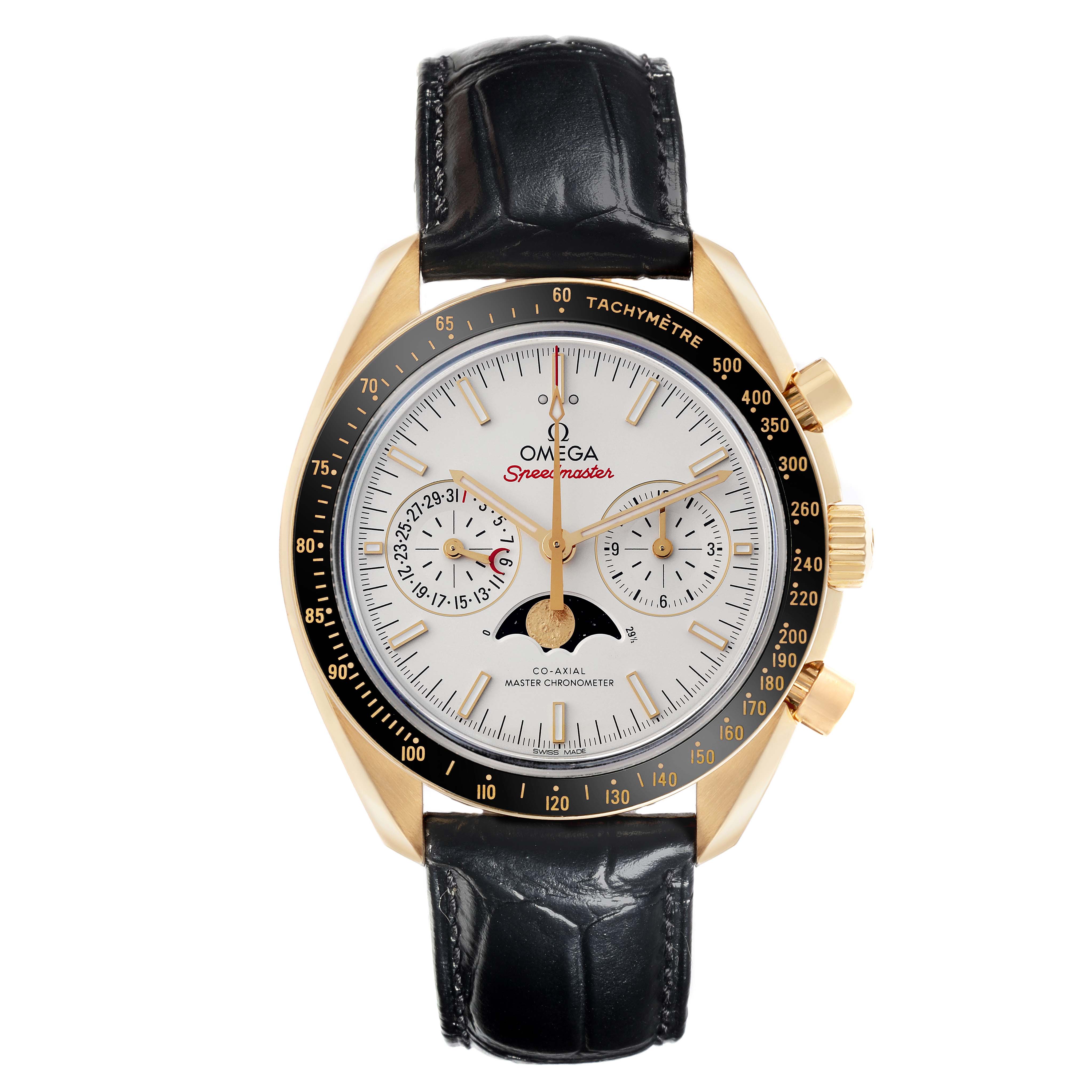 The Omega Speedmaster 304.63.44.52.02.001 Men's Yellow Gold Silver Dial 304.63.44.52.02.001 Men's Yellow Gold Silver Dial watch is shown from the front, highlighting the dial, subdials, tachymeter bezel, and leather strap.