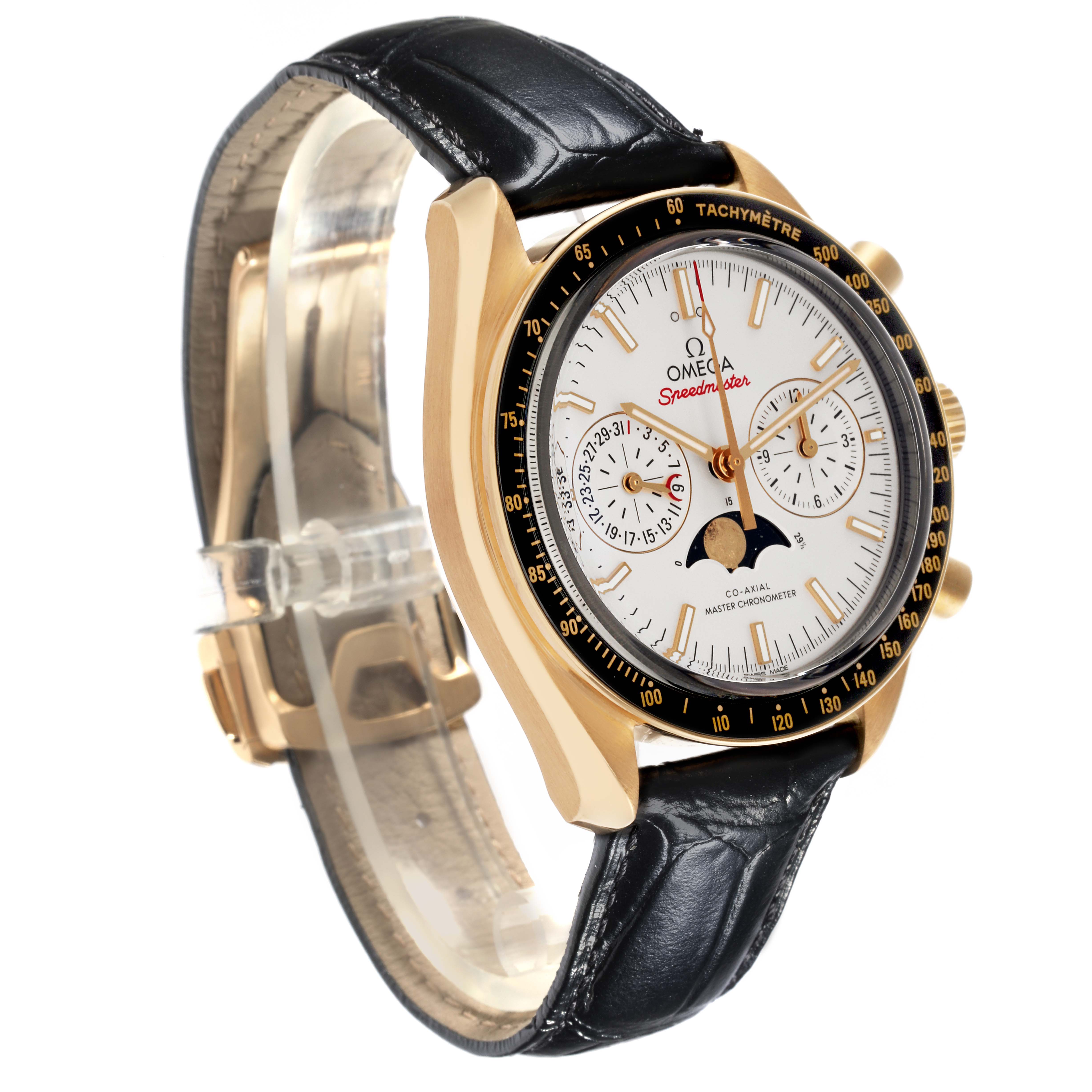 The Omega Speedmaster 304.63.44.52.02.001 Men's Yellow Gold Silver Dial 304.63.44.52.02.001 Men's Yellow Gold Silver Dial watch is shown at an angled side view, displaying the face, bezel, subdials, and black leather strap.