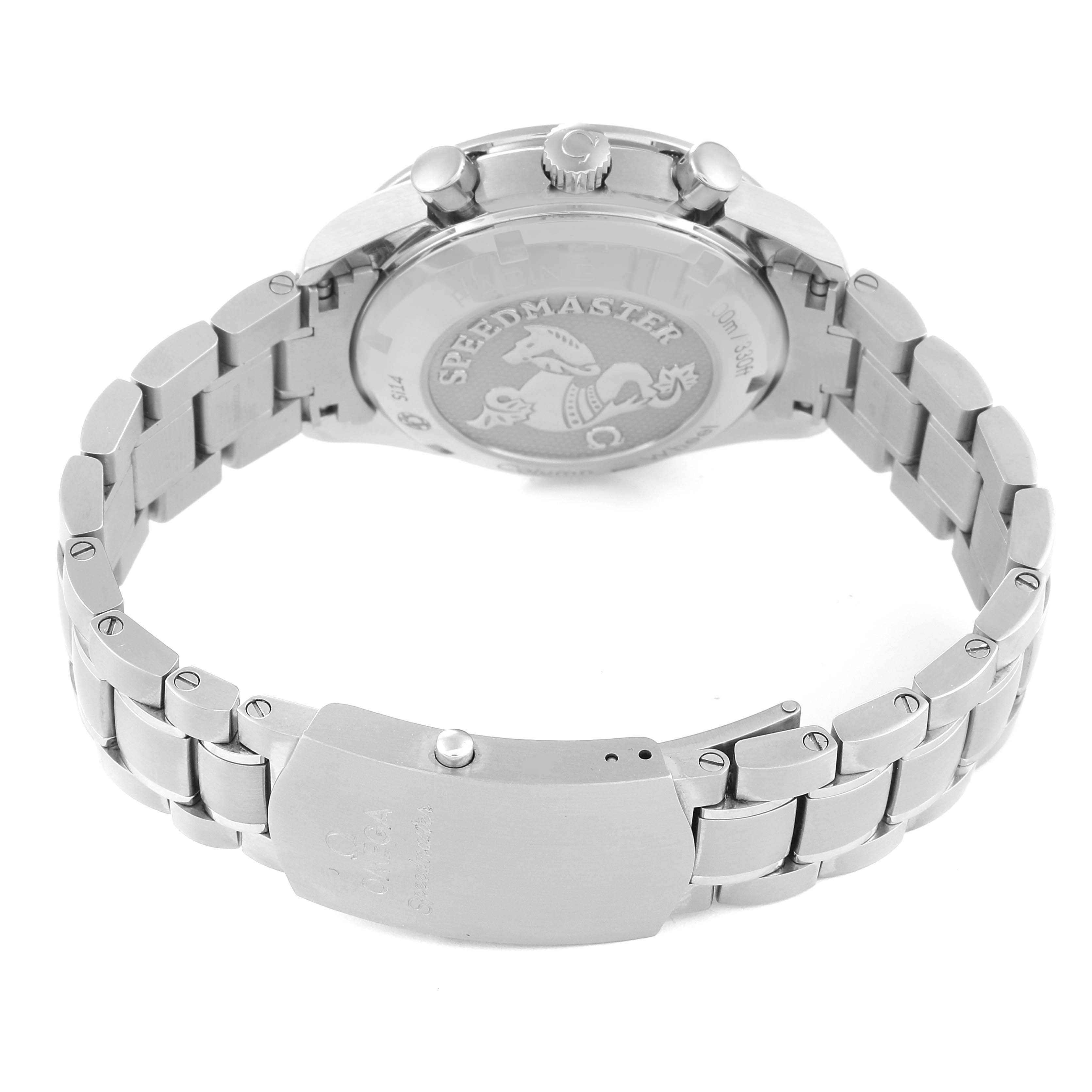 This image shows the back view of the Omega Speedmaster 326.30.40.50.03.001 Men
s Stainless Steel Blue Dial 326.30.40.50.03.001 Men
s Stainless Steel Blue Dial watch, including the case back, clasp, and metal bracelet.