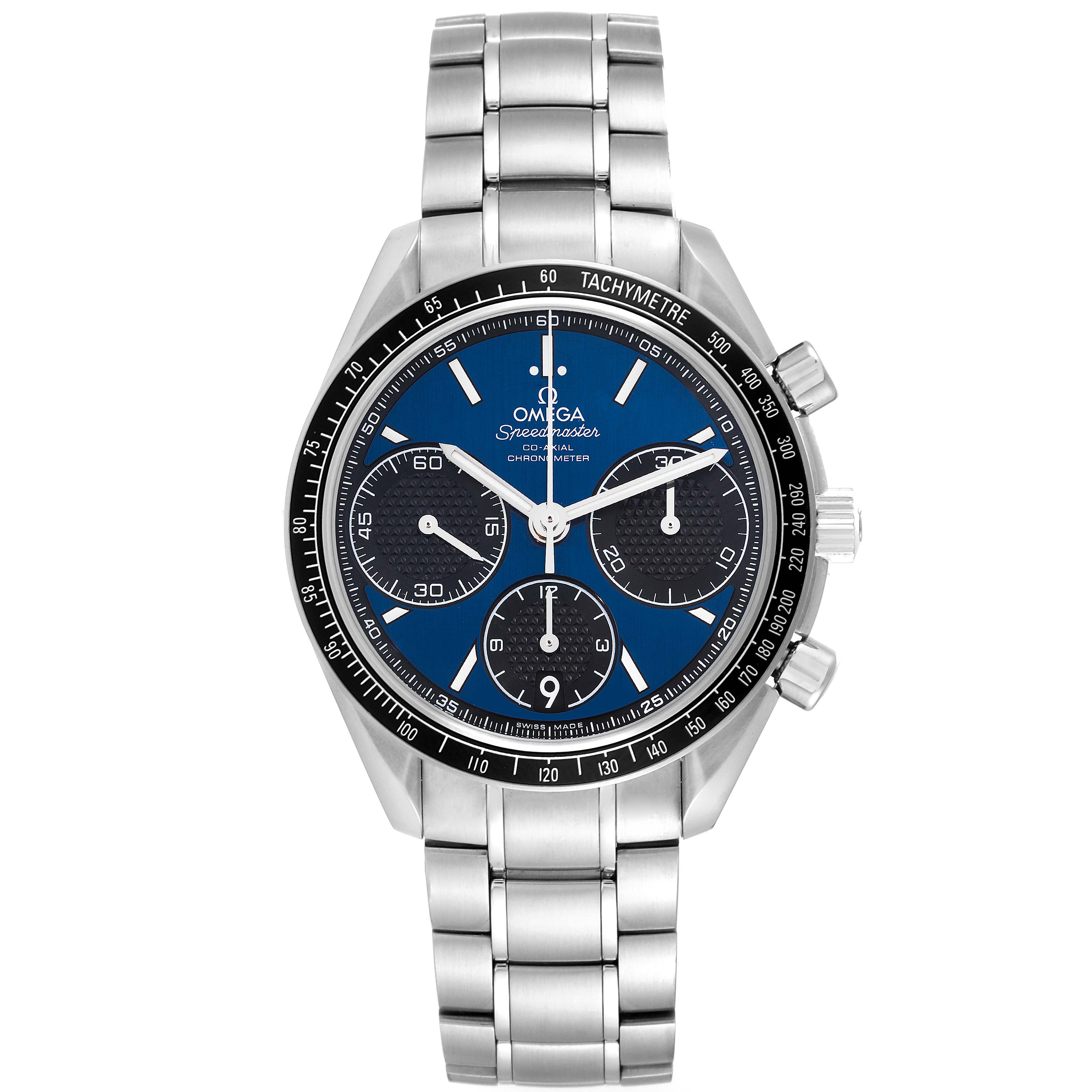 The image shows a front view of an Omega Speedmaster 326.30.40.50.03.001 Men
s Stainless Steel Blue Dial 326.30.40.50.03.001 Men
s Stainless Steel Blue Dial watch with a blue dial and a stainless steel bracelet.