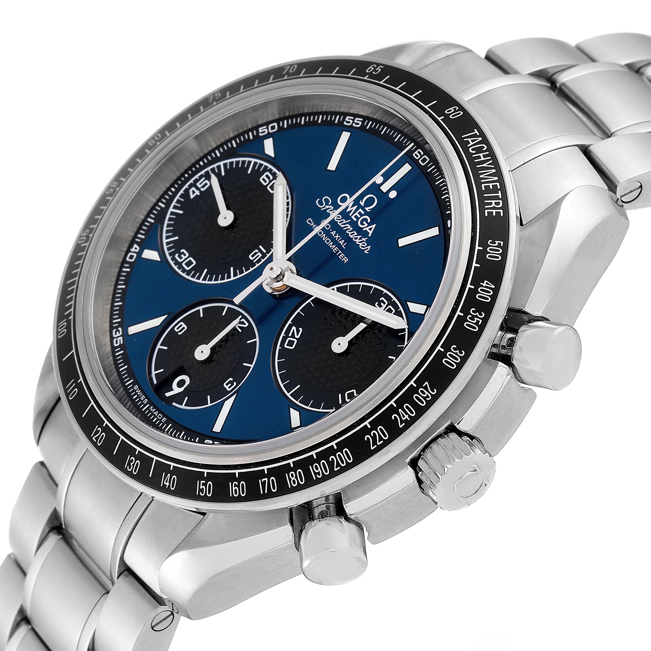 The image shows a close-up side angle of the Omega Speedmaster 326.30.40.50.03.001 Men
s Stainless Steel Blue Dial 326.30.40.50.03.001 Men
s Stainless Steel Blue Dial watch, displaying its dial, crown, and bracelet.