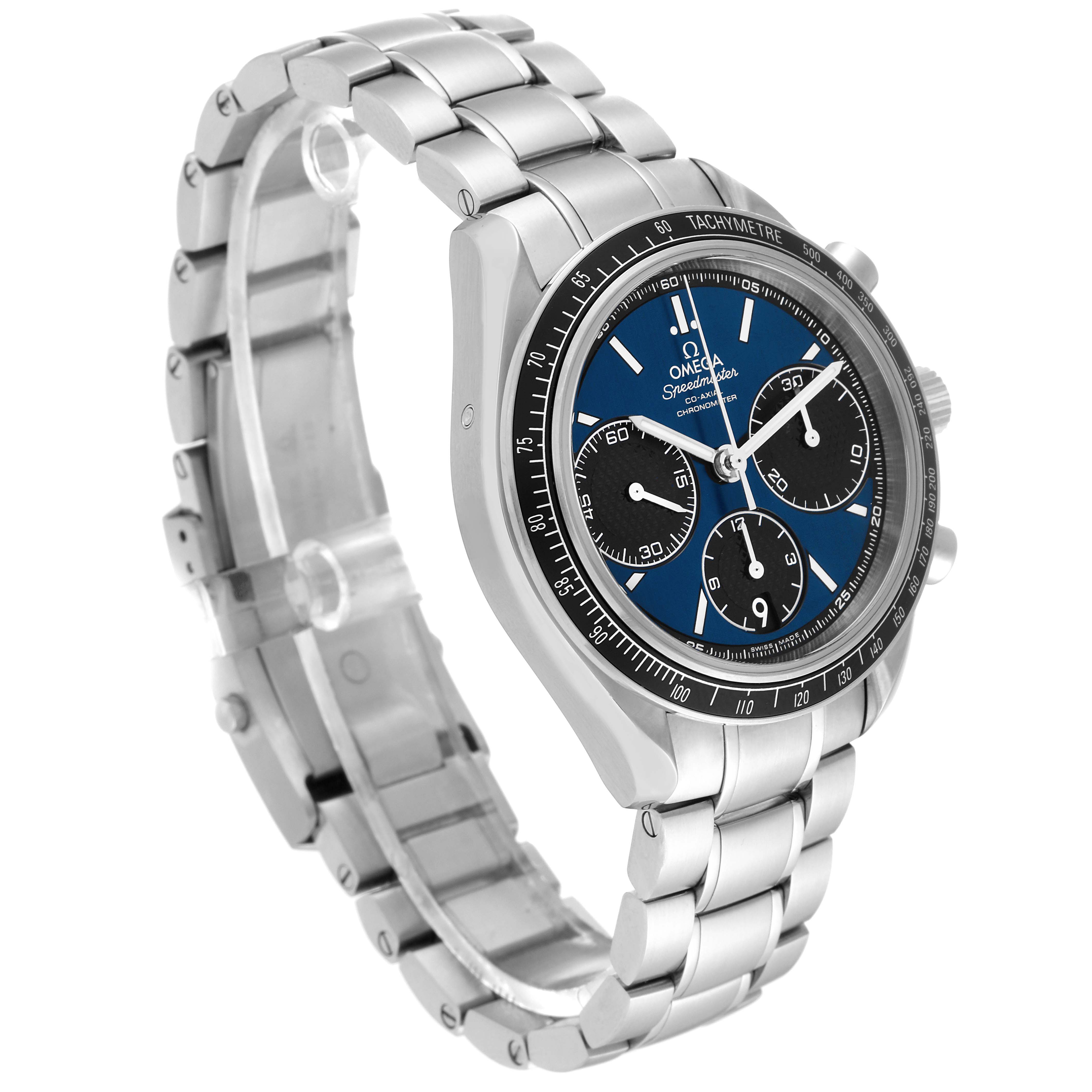 This Omega Speedmaster 326.30.40.50.03.001 Men
s Stainless Steel Blue Dial 326.30.40.50.03.001 Men
s Stainless Steel Blue Dial watch is shown at a three-quarter angle, displaying the dial, pushers, crown, and stainless steel bracelet.