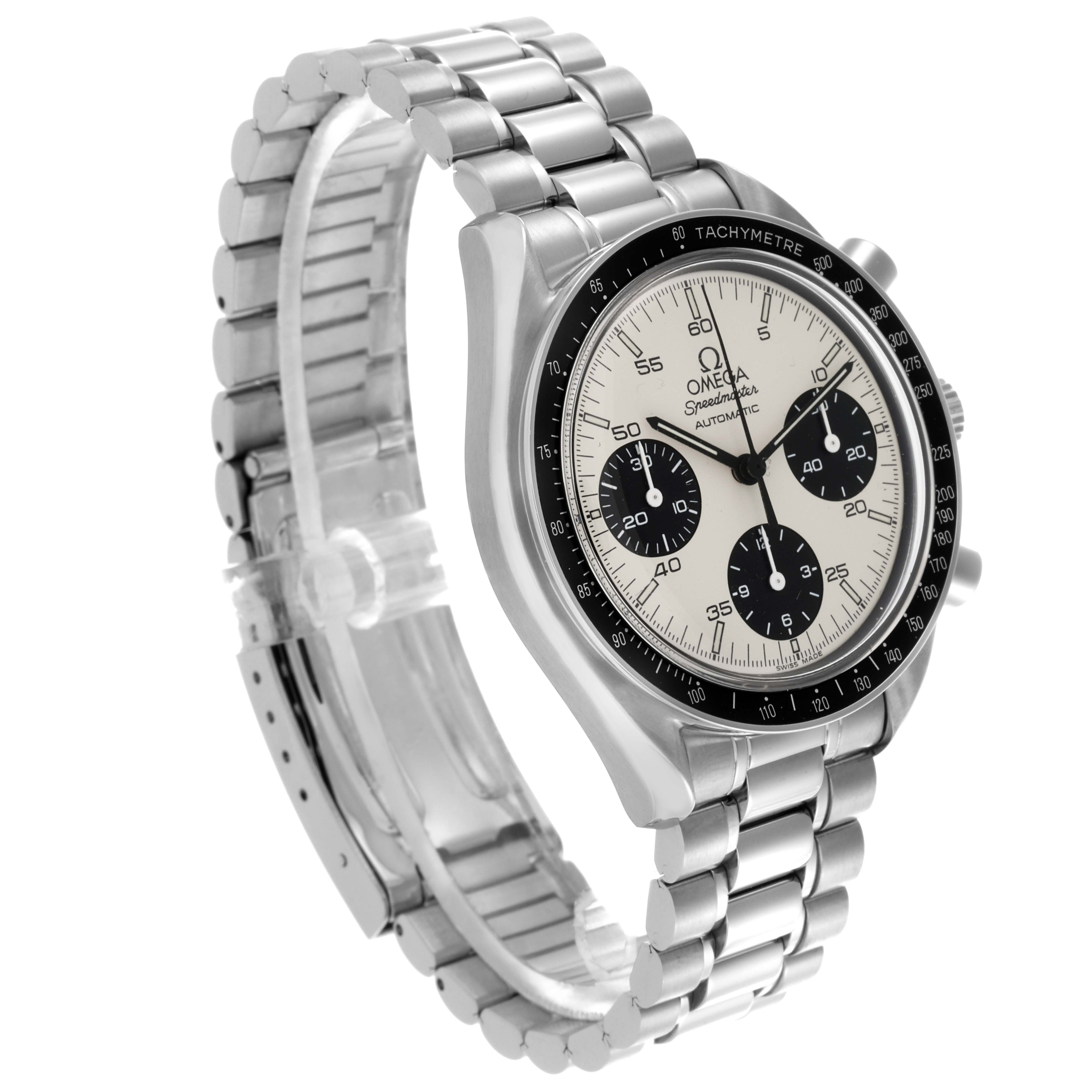 The Omega Speedmaster 3510.21.00 Men's Stainless Steel White Dial 3510.21.00 Men's Stainless Steel White Dial watch is shown from a three-quarter angle, displaying the dial, bezel, and metal bracelet.