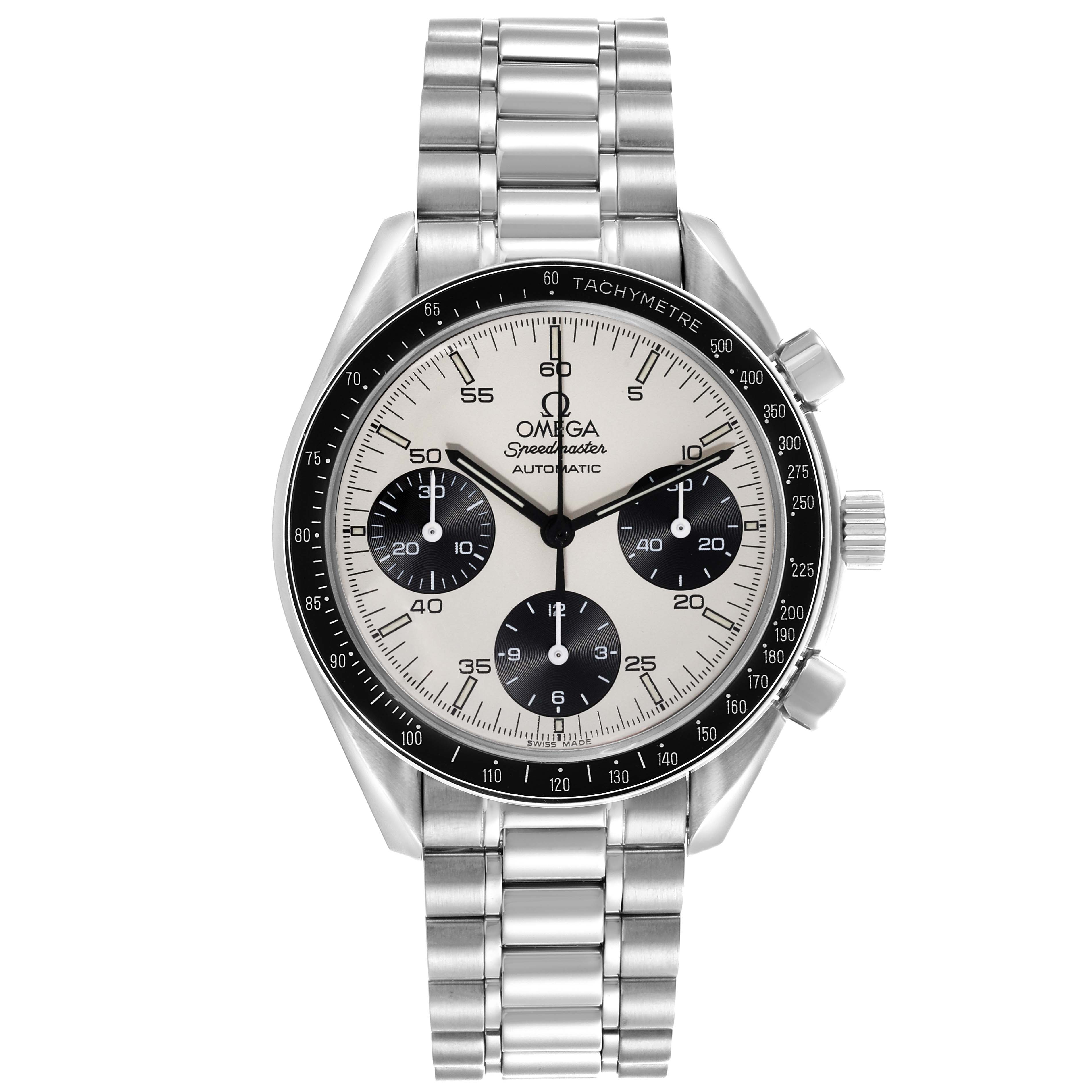 The Omega Speedmaster 3510.21.00 Men's Stainless Steel White Dial 3510.21.00 Men's Stainless Steel White Dial watch is shown from the front, displaying its face, tachymeter bezel, and stainless steel bracelet.
