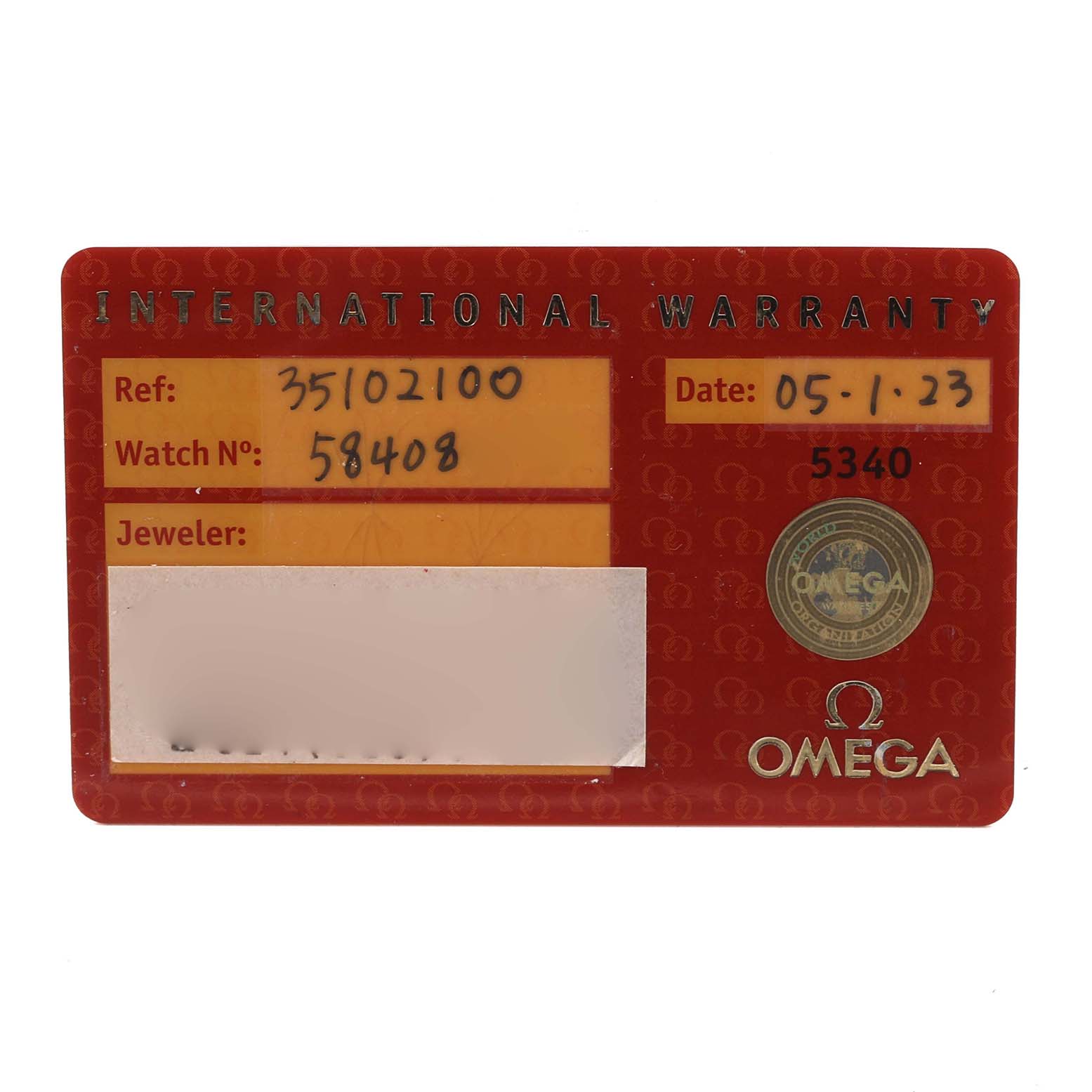 The image shows the International Warranty card for the Omega Speedmaster 3510.21.00 Men's Stainless Steel White Dial 3510.21.00 Men's Stainless Steel White Dial watch, displaying reference and date details.