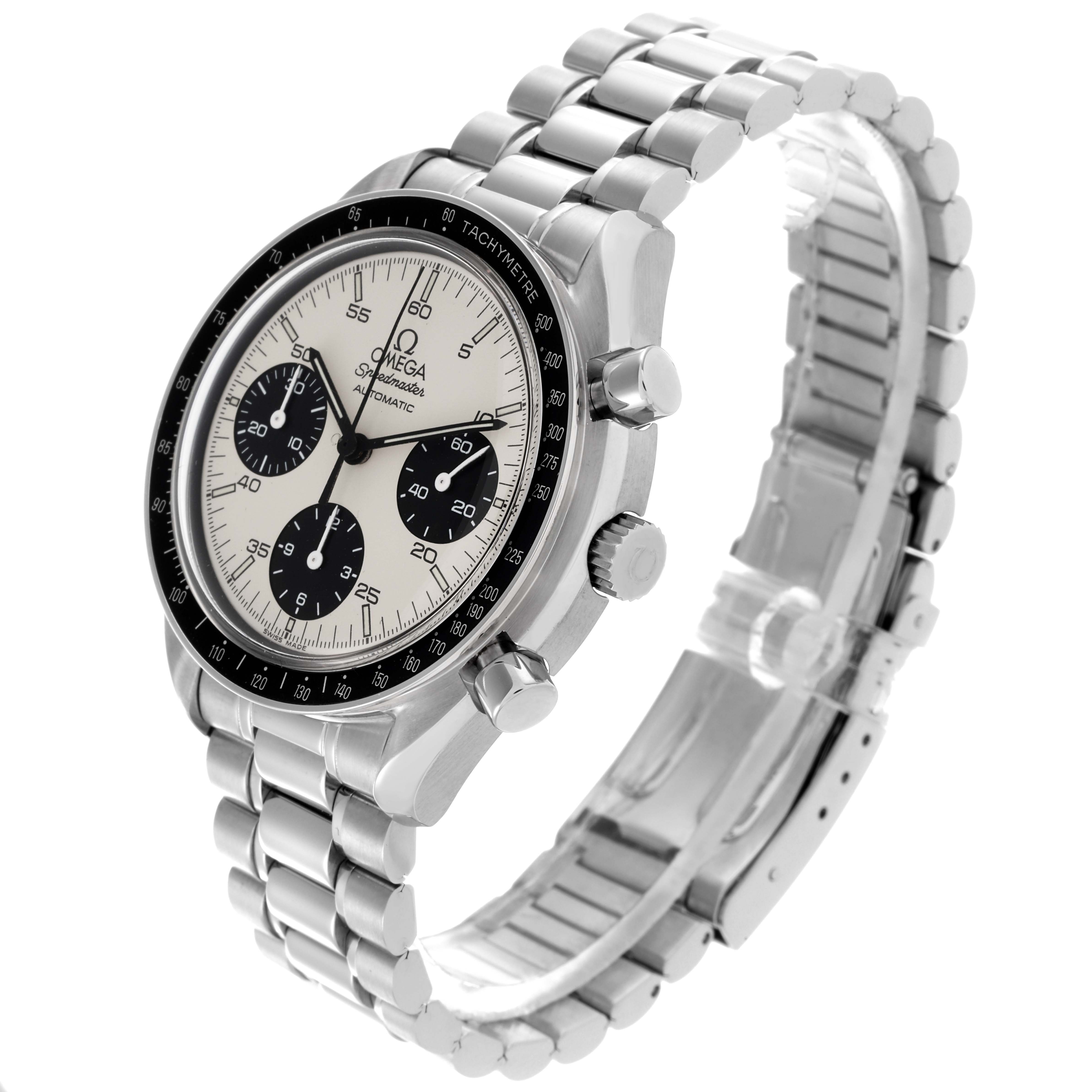 The Omega Speedmaster 3510.21.00 Men's Stainless Steel White Dial 3510.21.00 Men's Stainless Steel White Dial watch is shown from a three-quarter angle, highlighting the dial, tachymeter bezel, and stainless steel bracelet.