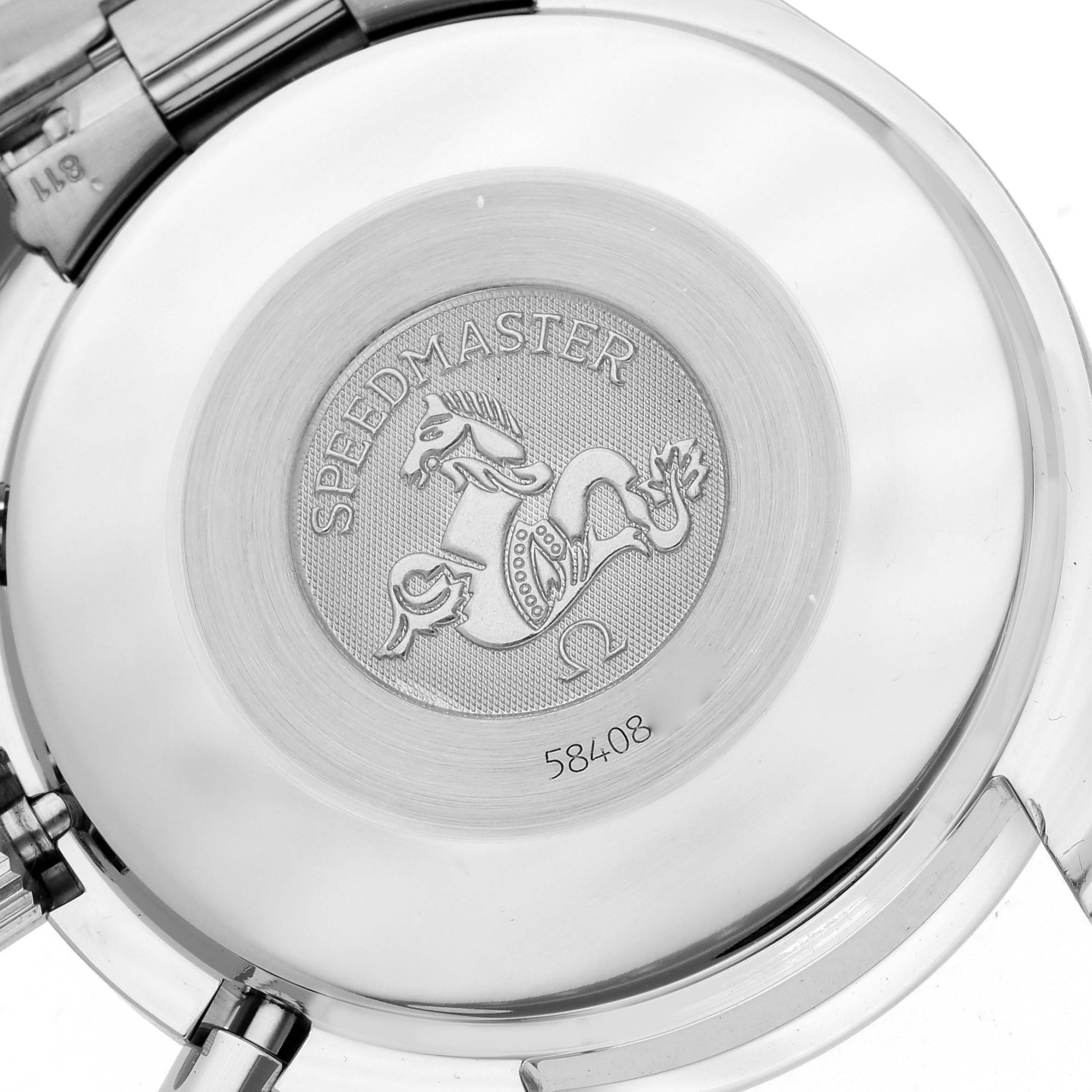 The image shows the back case of an Omega Speedmaster 3510.21.00 Men's Stainless Steel White Dial 3510.21.00 Men's Stainless Steel White Dial, displaying the logo and engravings.