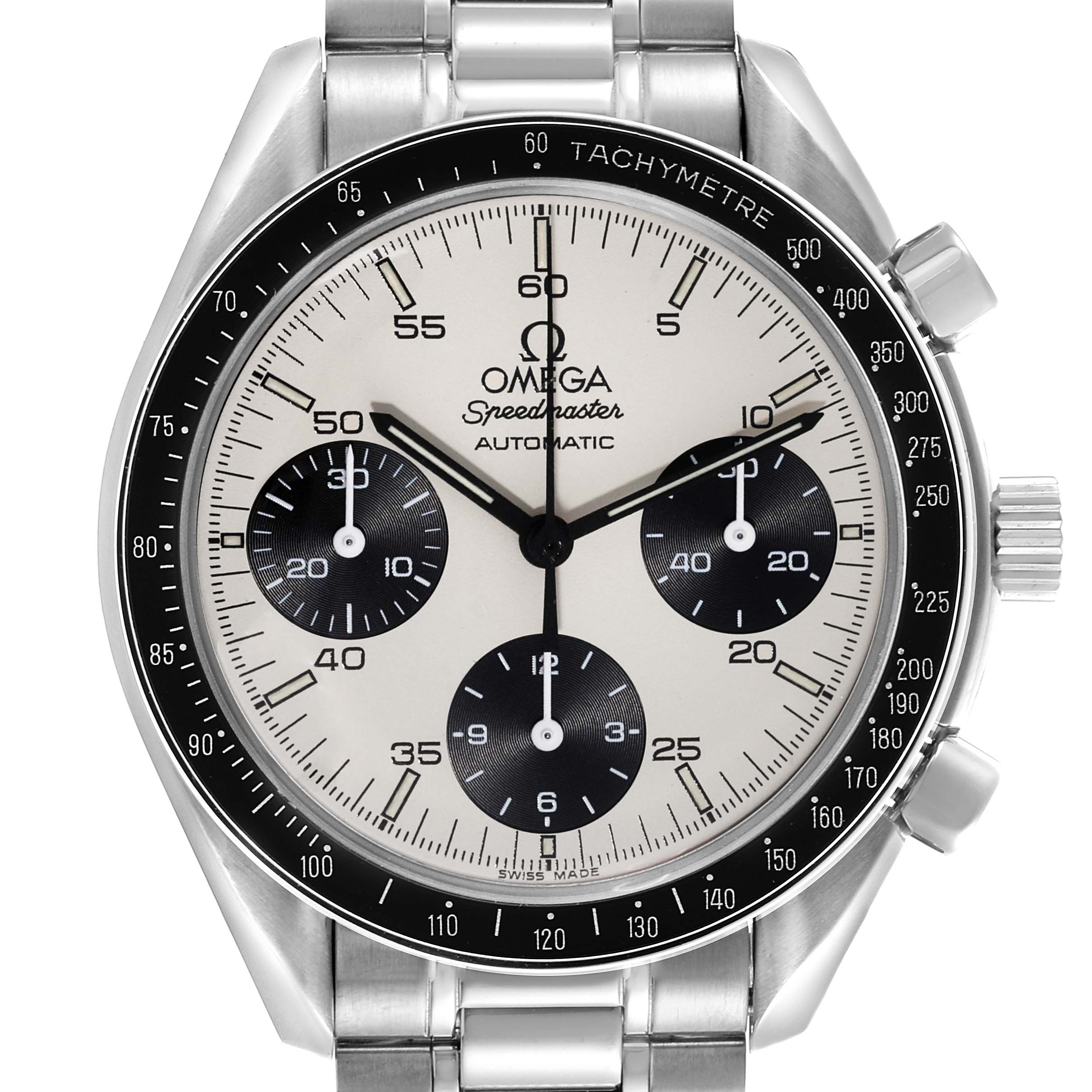 The Omega Speedmaster 3510.21.00 Men's Stainless Steel White Dial 3510.21.00 Men's Stainless Steel White Dial watch is shown from a front angle, displaying its face, tachymeter bezel, and metal bracelet.
