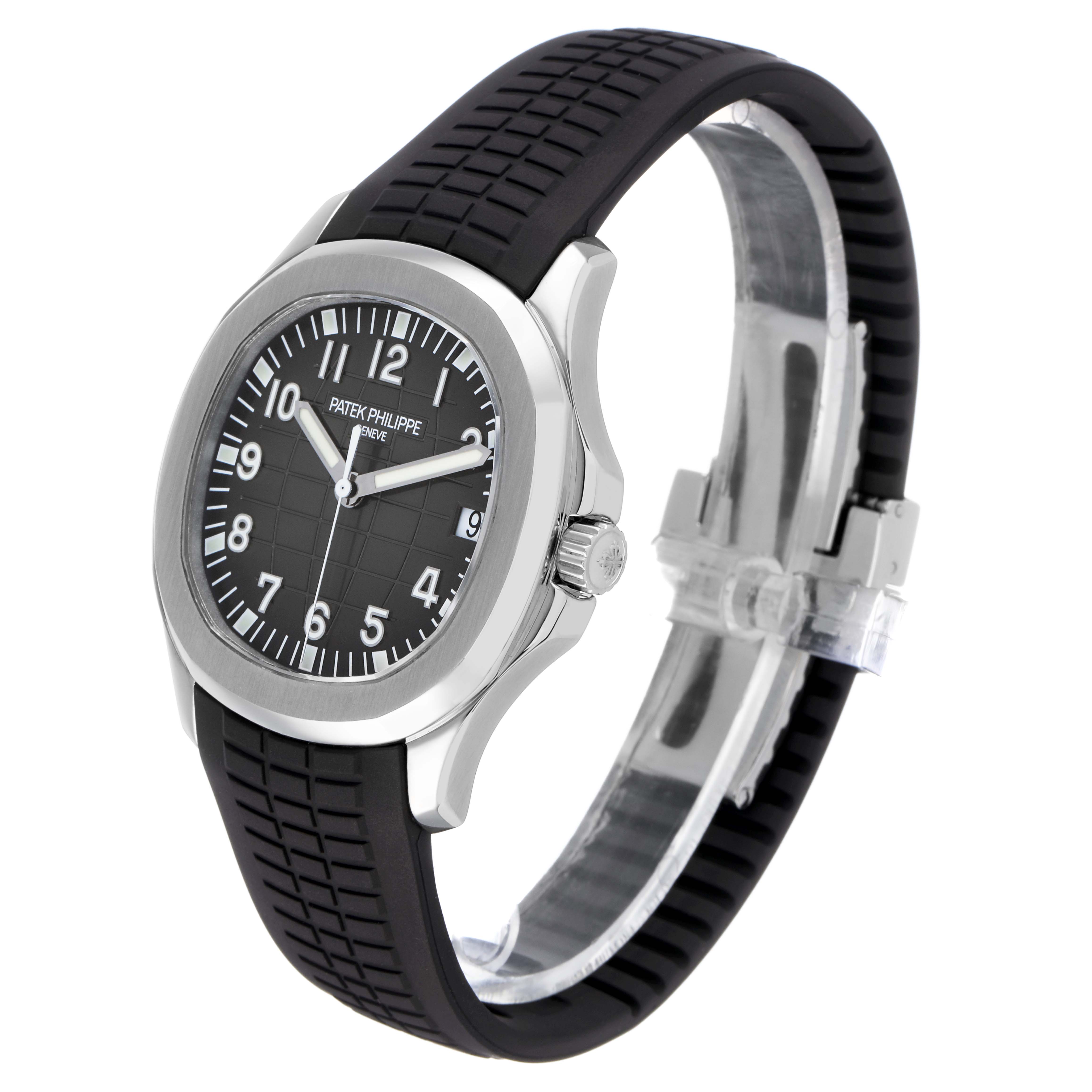 The Patek Philippe Aquanaut 5167A Men's Stainless Steel Black Dial watch is shown at a three-quarter angle highlighting the dial, case, crown, and strap.