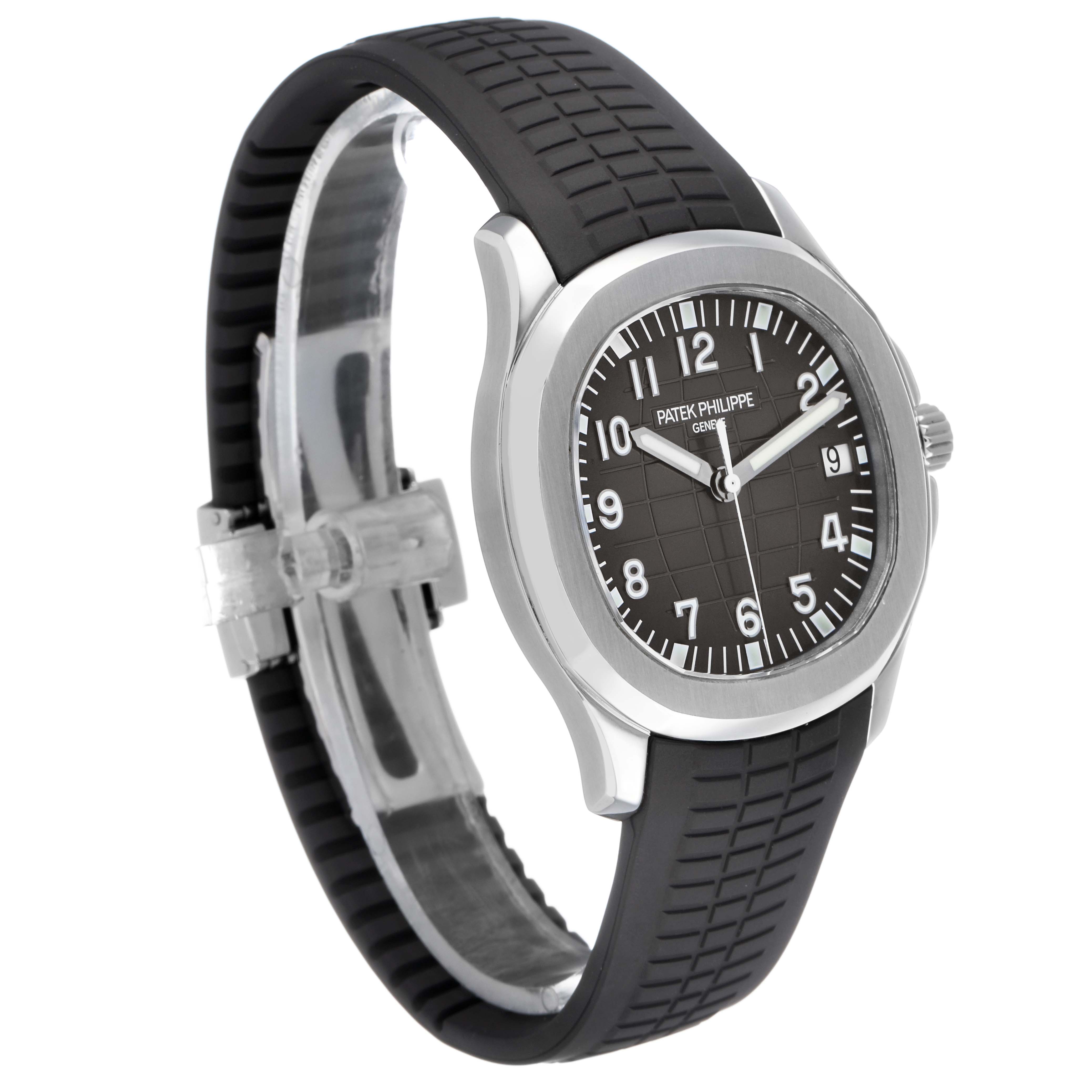 The Patek Philippe Aquanaut 5167A Men's Stainless Steel Black Dial watch is shown at a front-left angle, displaying the dial, bezel, and textured strap.