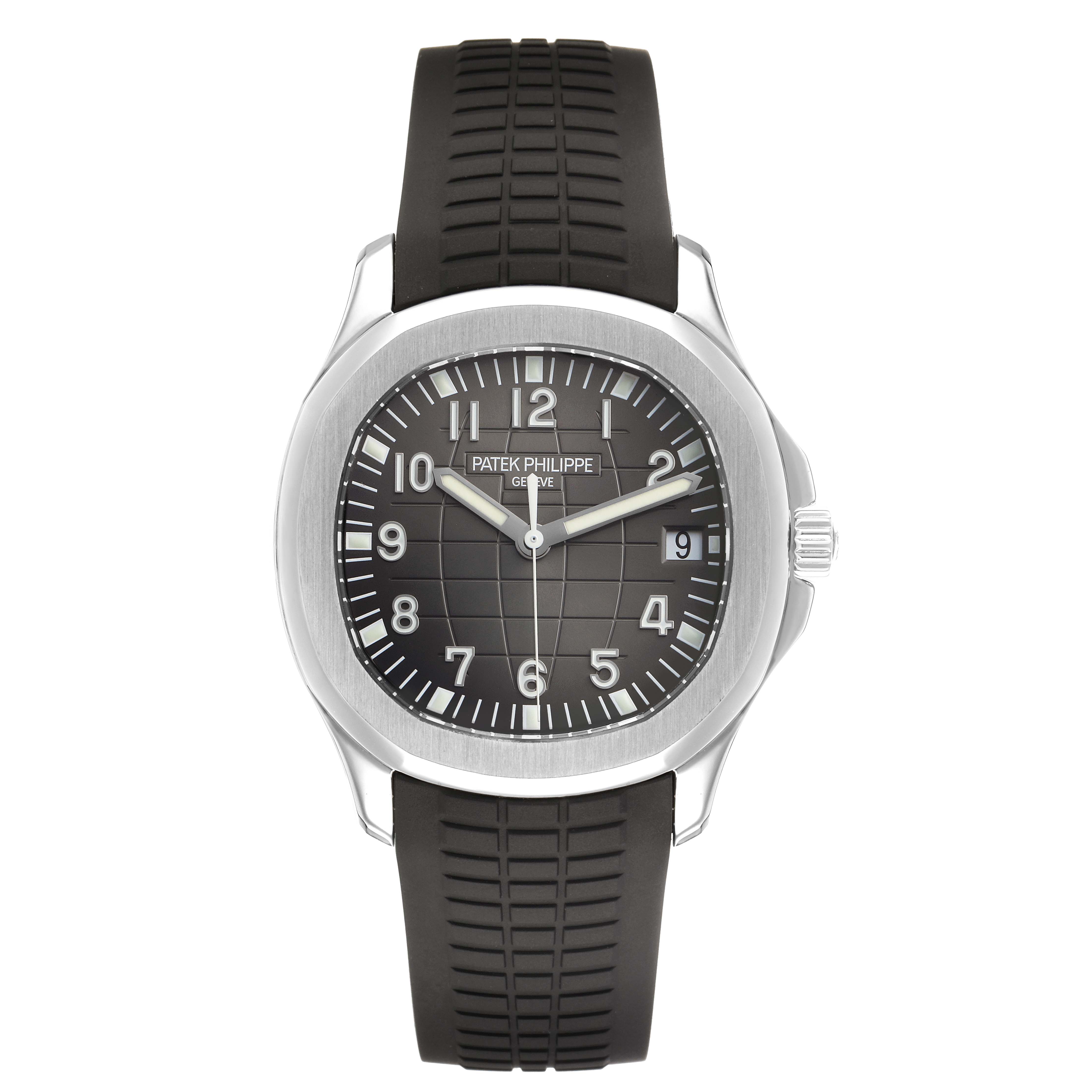 The image shows a frontal view of the Patek Philippe Aquanaut 5167A Men's Stainless Steel Black Dial watch, highlighting its dial, bezel, strap, and crown.